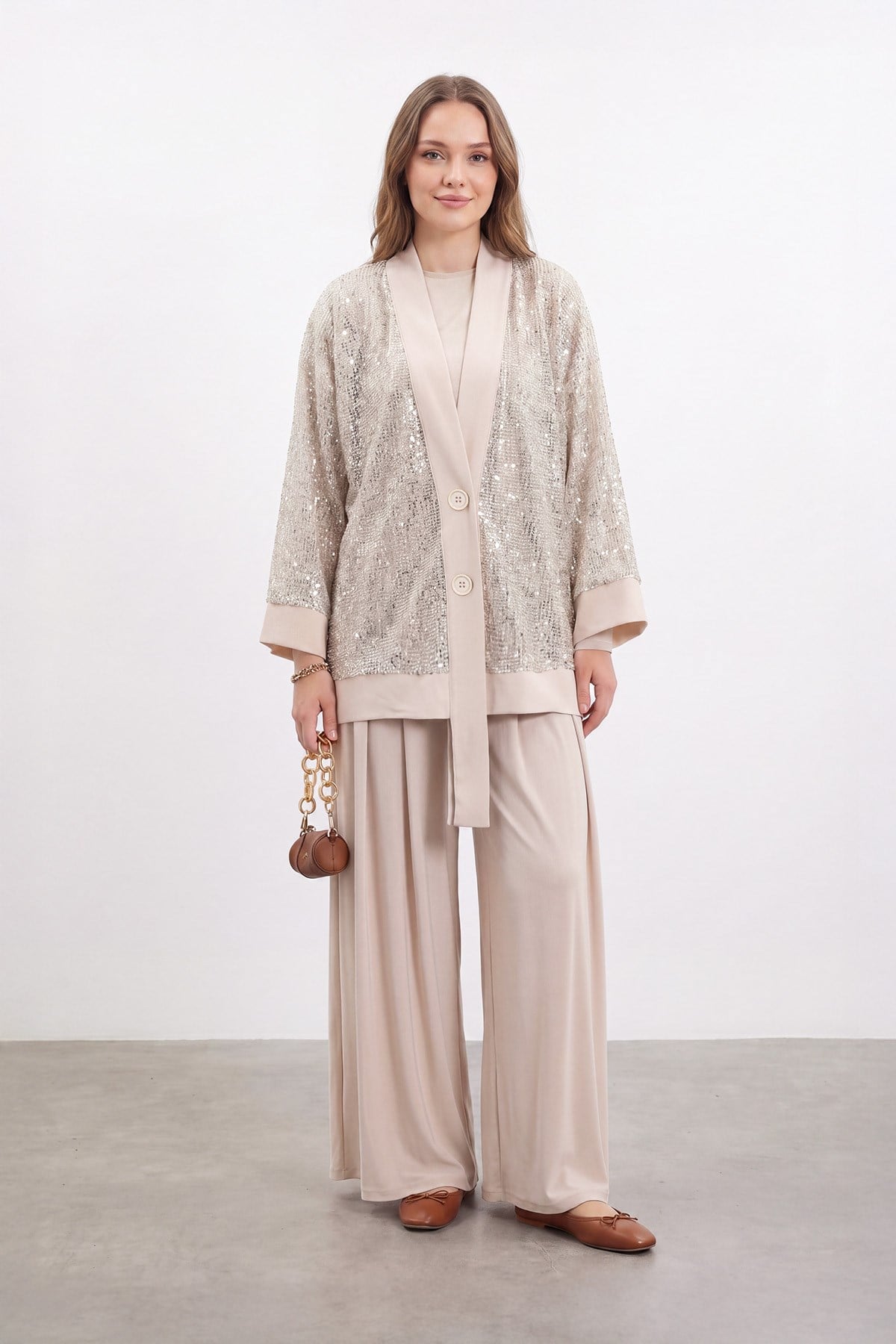Kadın Payet Detaylı Şık Üçlü Takım -14483PNT - BEIGE