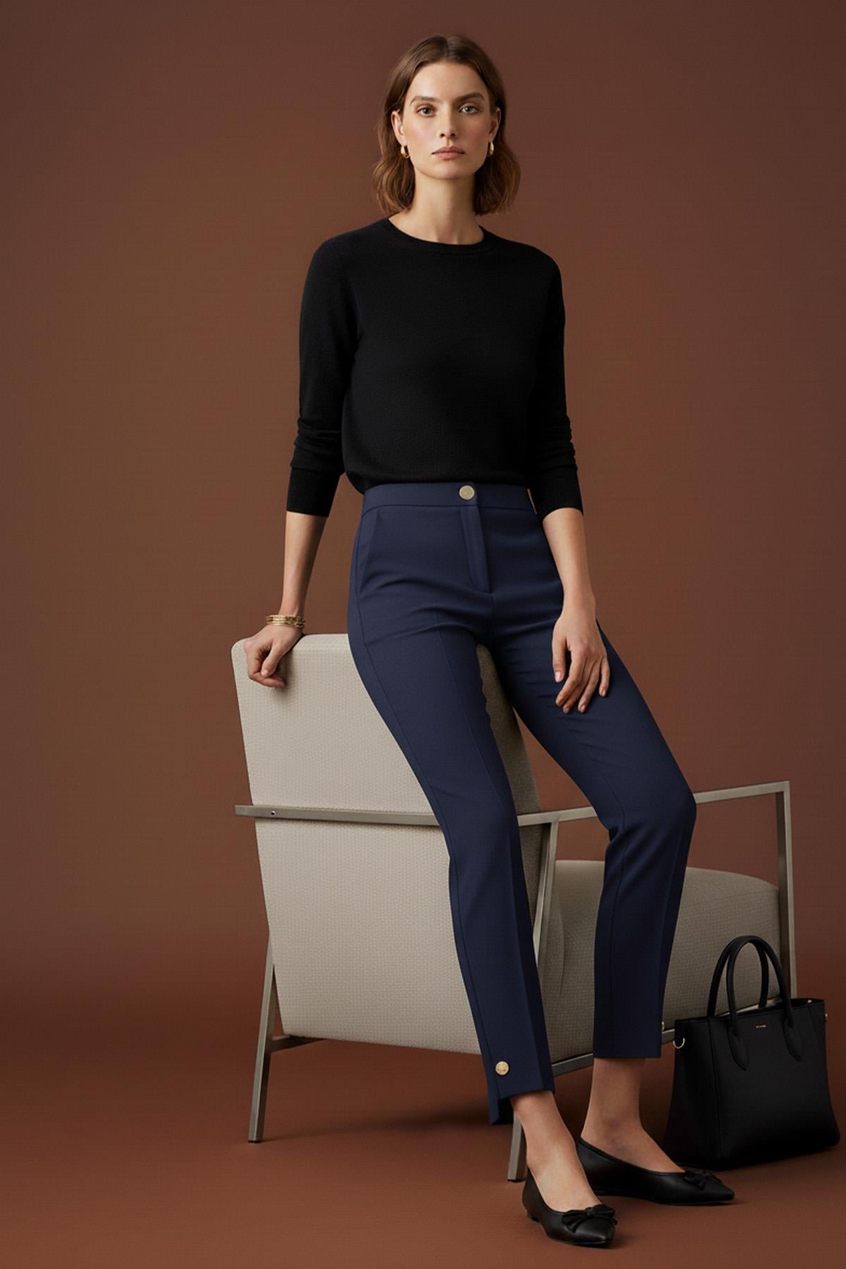 Kadın Paça Düğme Detaylı kumaş Pantolon -18277PNT - NAVY