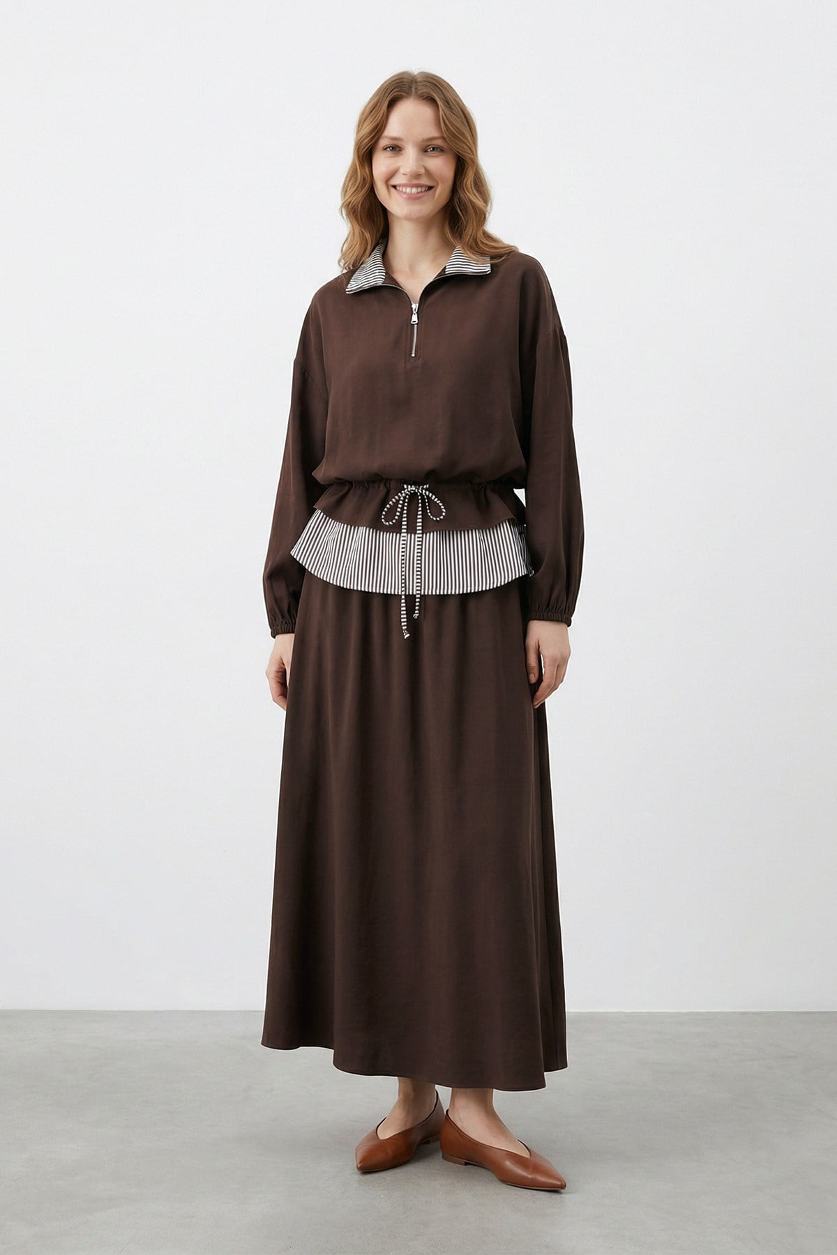 Kadın Çizgili Garni Detaylı Yarım Fermuarlı Takım – 32482TKS - BROWN