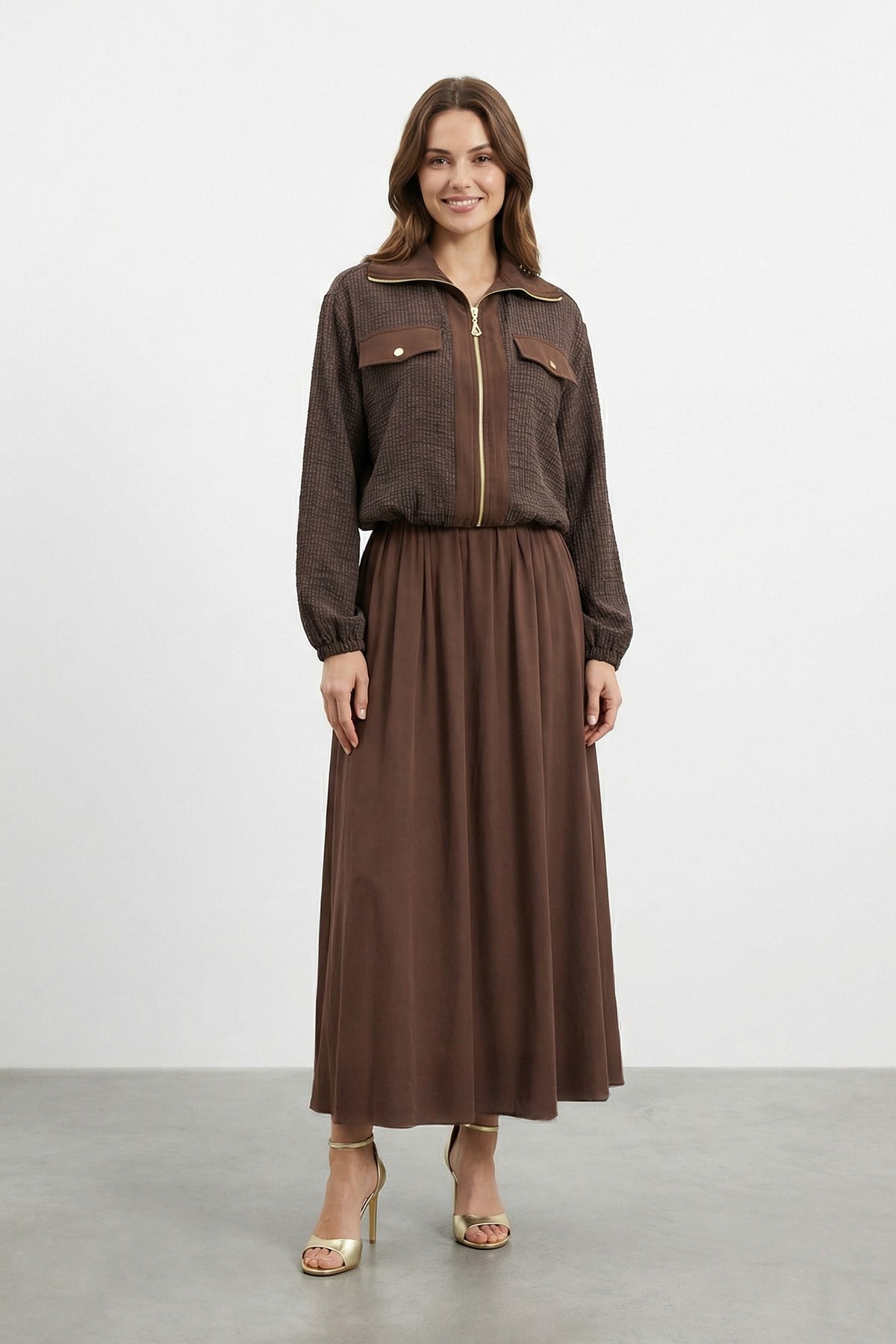 Kadın Fermuarlı Ceket Detaylı Dokulu Elbise – 12677ELB - BROWN