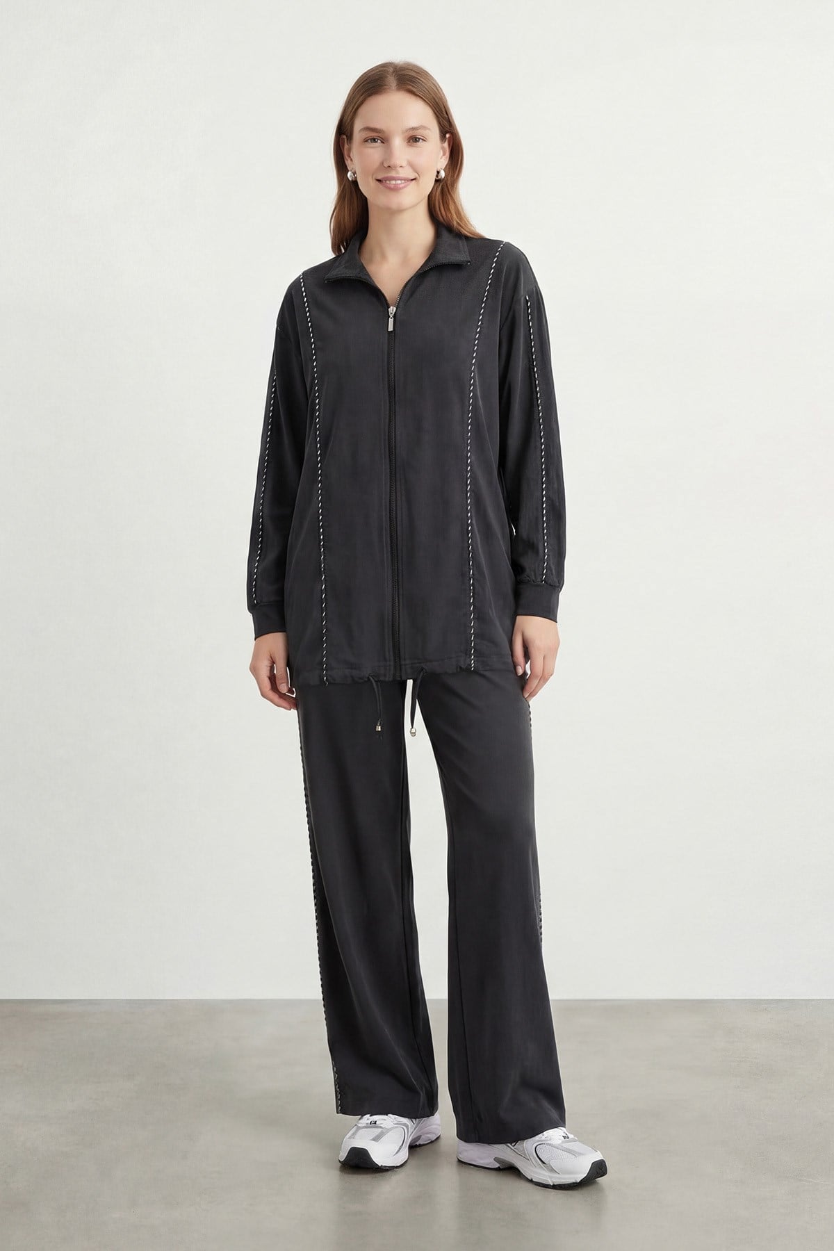 Kadın Dik Yaka Fermuarlı Triko Takım – 14439TKS - BLACK