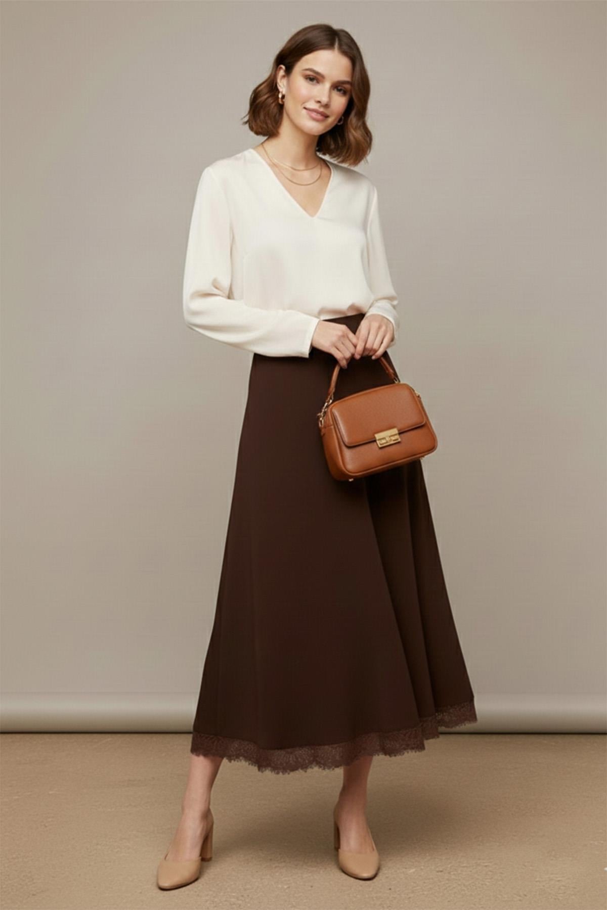 Kadın Etek Ucu Dantelli Açılımlı Uzun Etek – 18288ETK - DARK BROWN