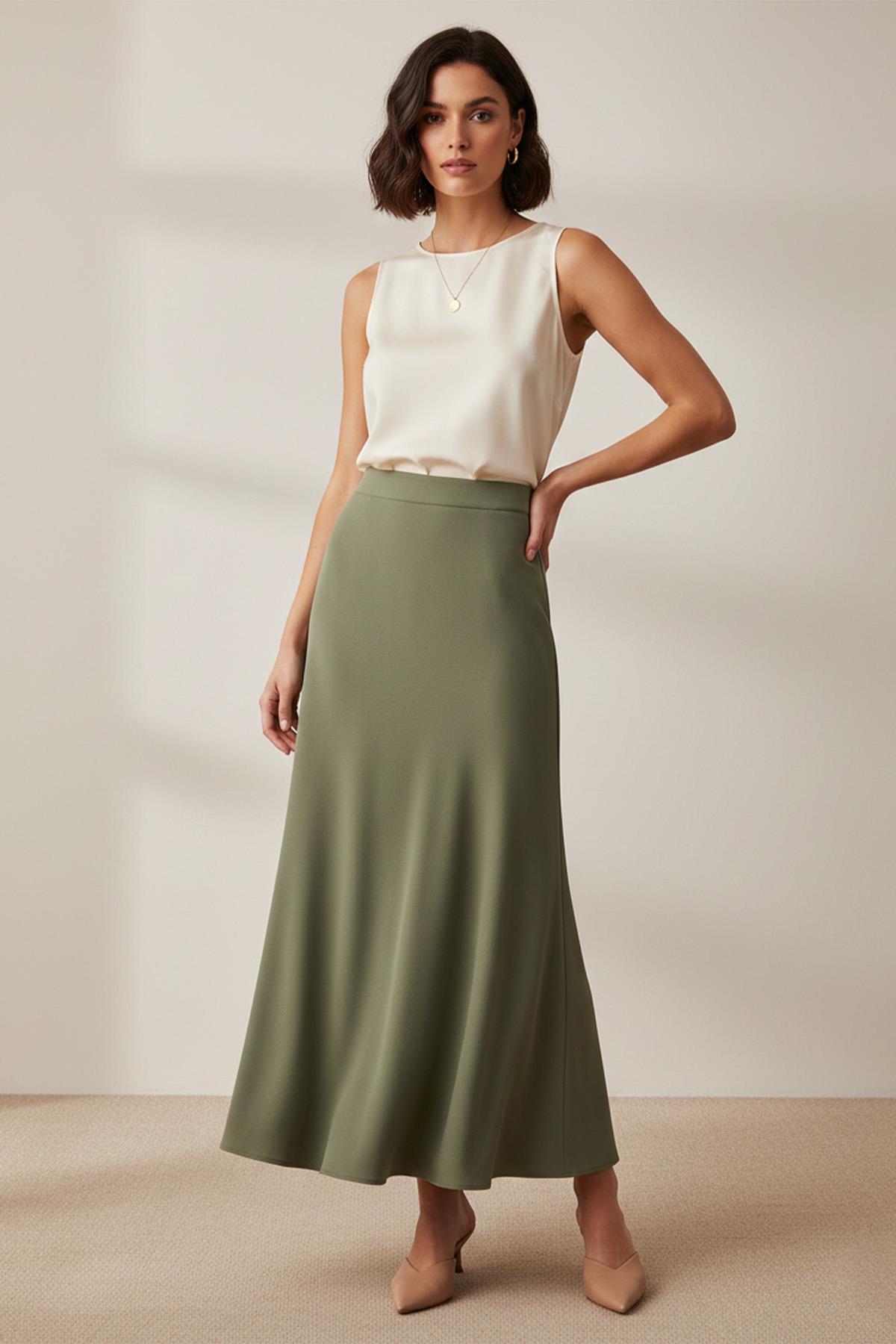 Kadın Yüksek Bel Uzun A Kesim Kumaş Etek -18291ETK - KHAKI