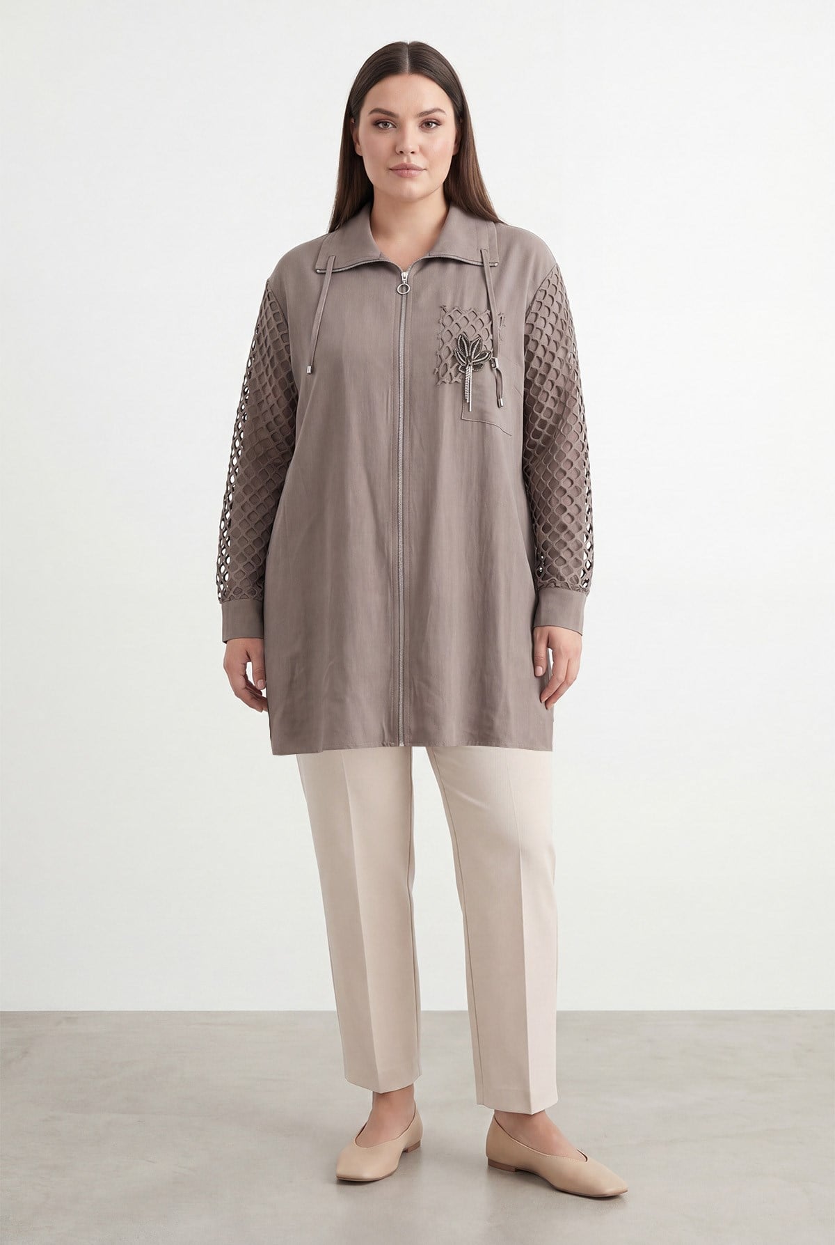 Kadın Fermuarlı File Kol Detaylı Büyük Beden Tunik – 19253TUN - MINK