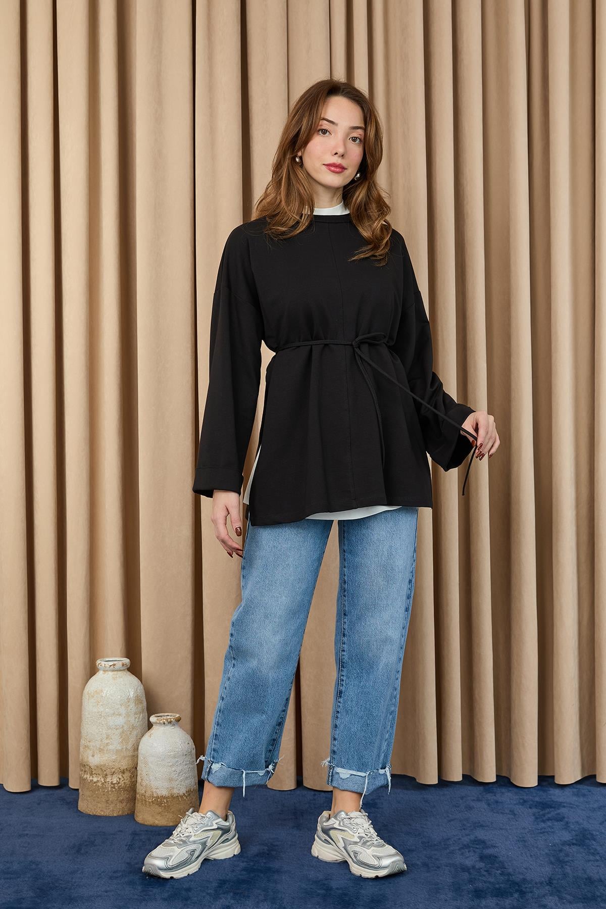 Kadın Düşük Omuz Detaylı Bağlama Aksesuarlı Bluz-20720BLZ - BLACK