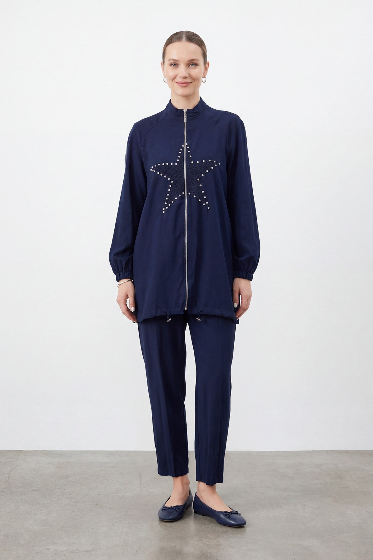 Kadın Yıldız Taş Detaylı Fermuarlı Tunik Pantolon Takım – 14447TKS - NAVY