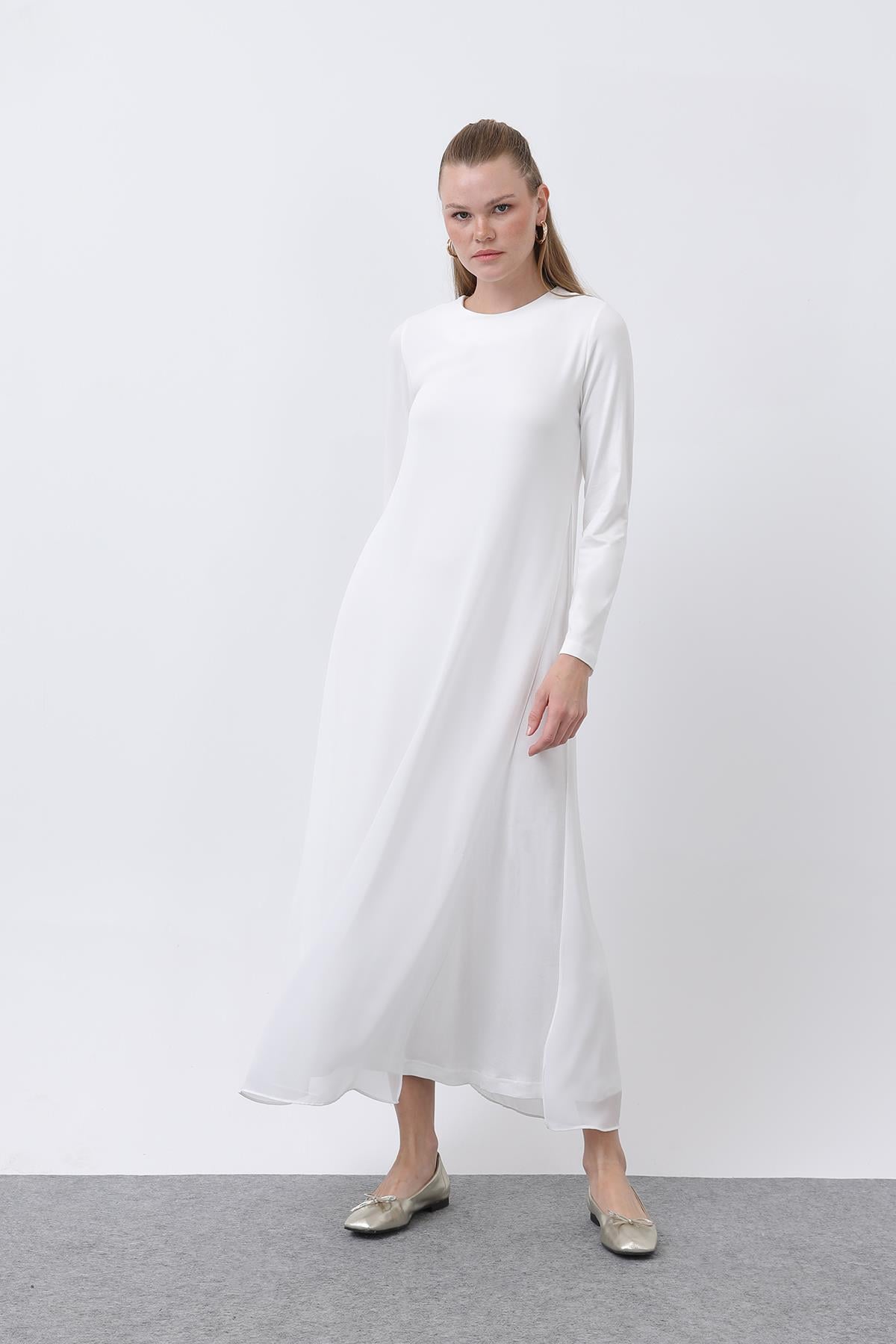 Kadın Şifon Detaylı uzun Elbise - 12447ELB - ECRU