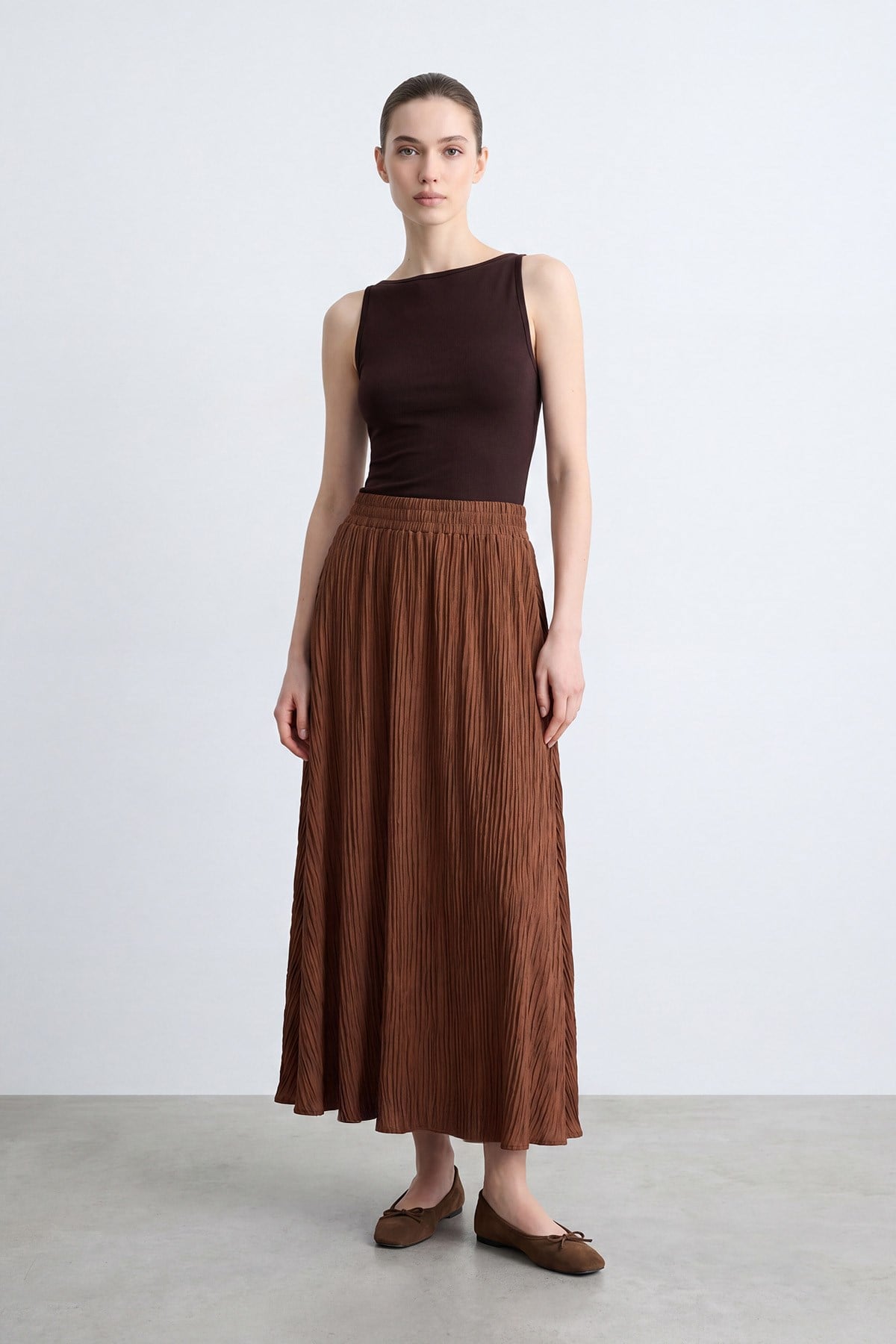 Kadın Cep Detaylı Piliseli  Uzun Etek - 18308ETK - BROWN