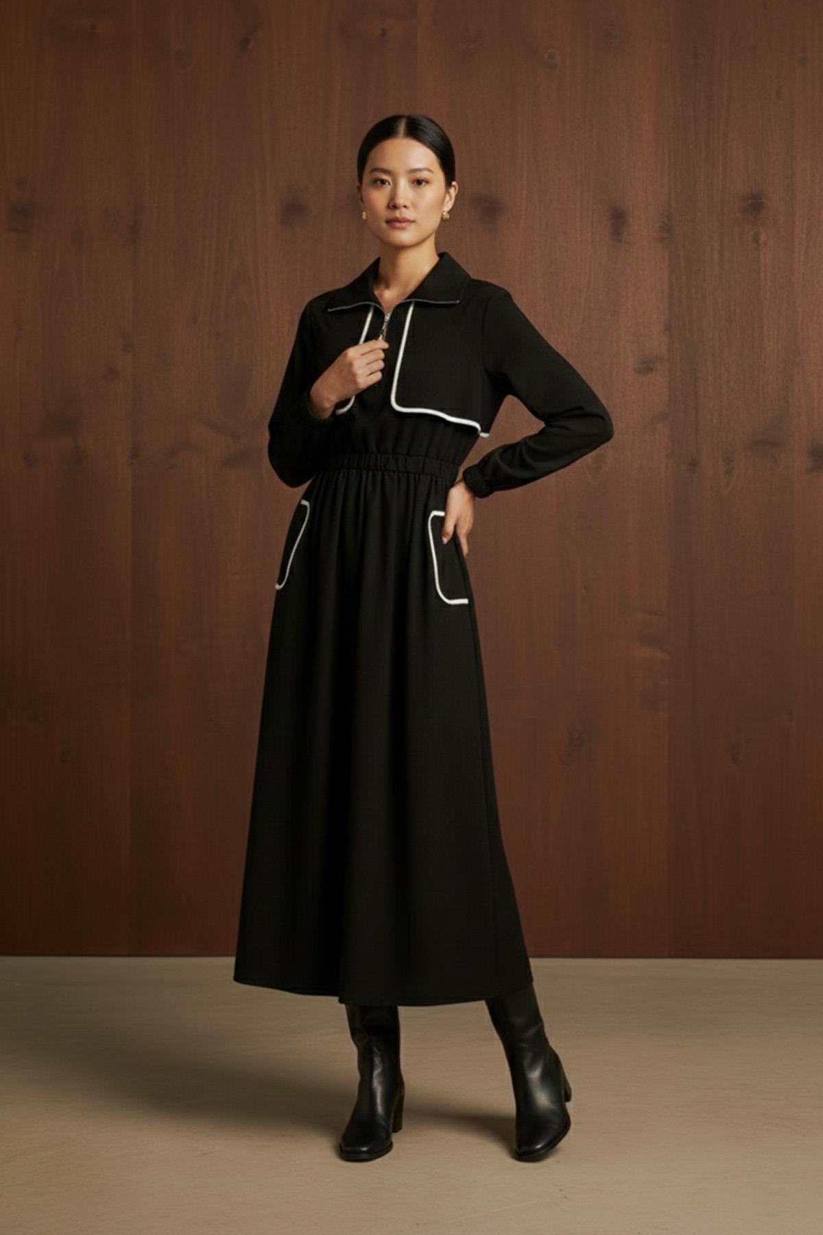 Kadın Biye Detaylı Bel Lastikli Elbise  -  32417ELB - BLACK