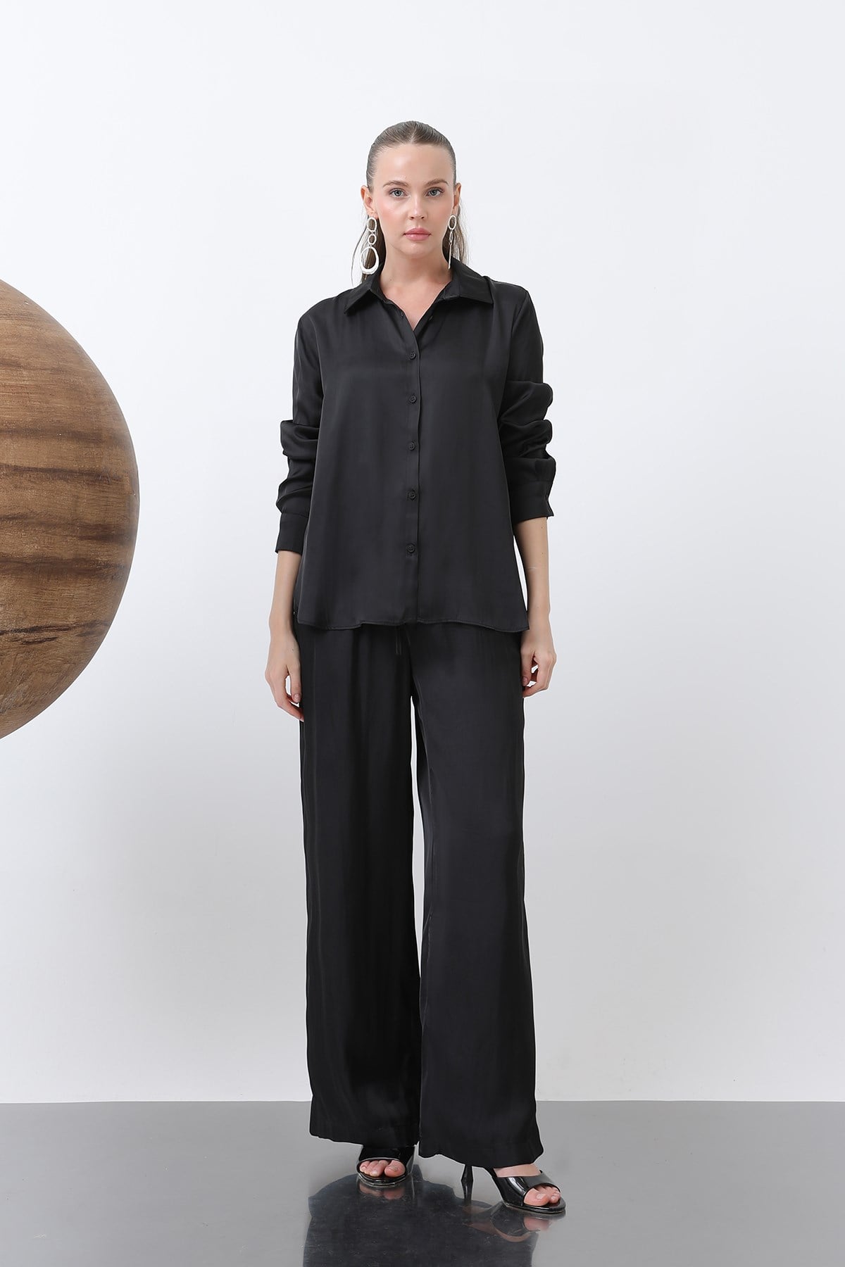 Kadın Saten Belden Bağlamalı Pantalon - 32259PNT - BLACK