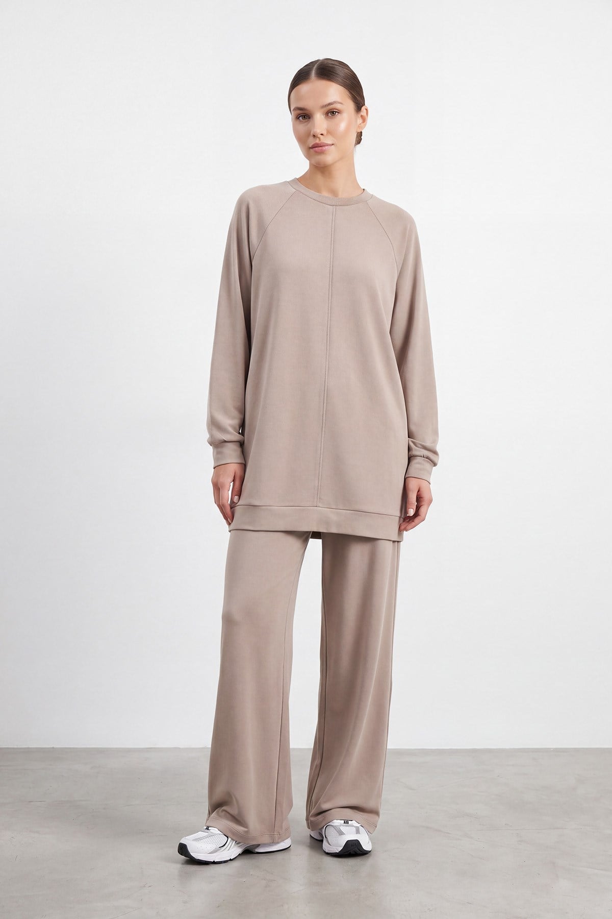 Kadın Bisiklet Yaka Rahat Kesim Tunik Pantolon Takım – 14426TKS - MINK