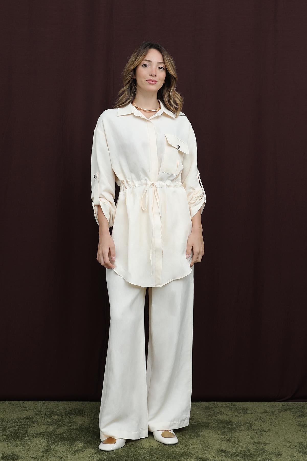 Kadın Cep Detaylı Belden Tünelli Takım - 14378TKS - STONE