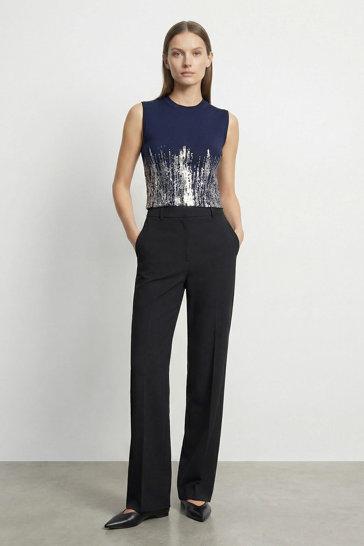 Kadın Varak Baskılı Kolsuz Crop Top  - 31721CRP - NAVY