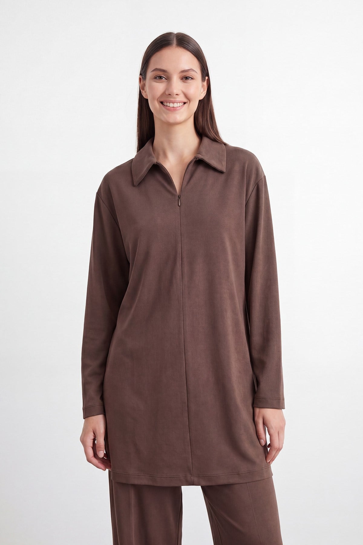 Kadın Gömlek Yaka Fermuarlı Rahat Kesim Tunik Pantolon Takım – 14445TKS - BROWN