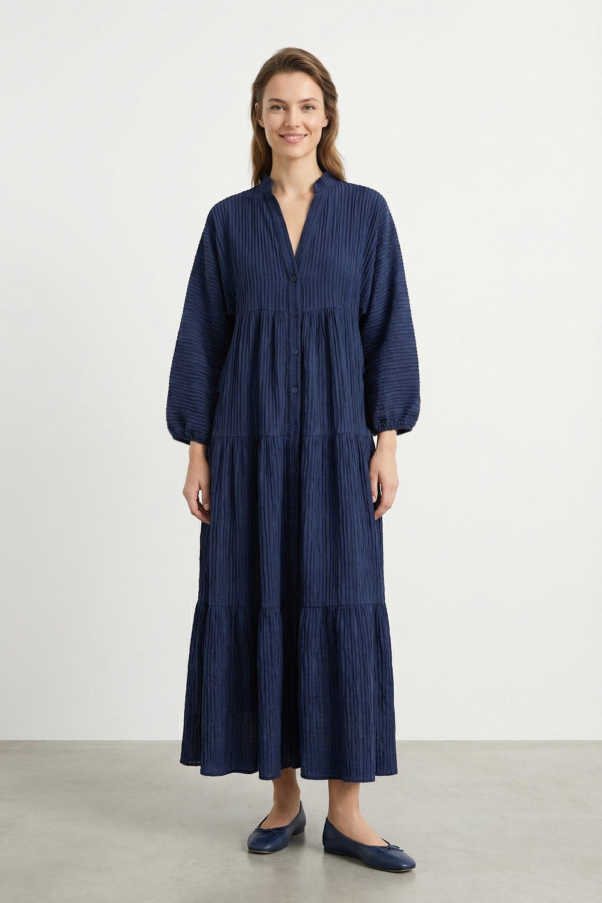 Kadın V Yaka Katlı  Elbise – 32461ELB - NAVY