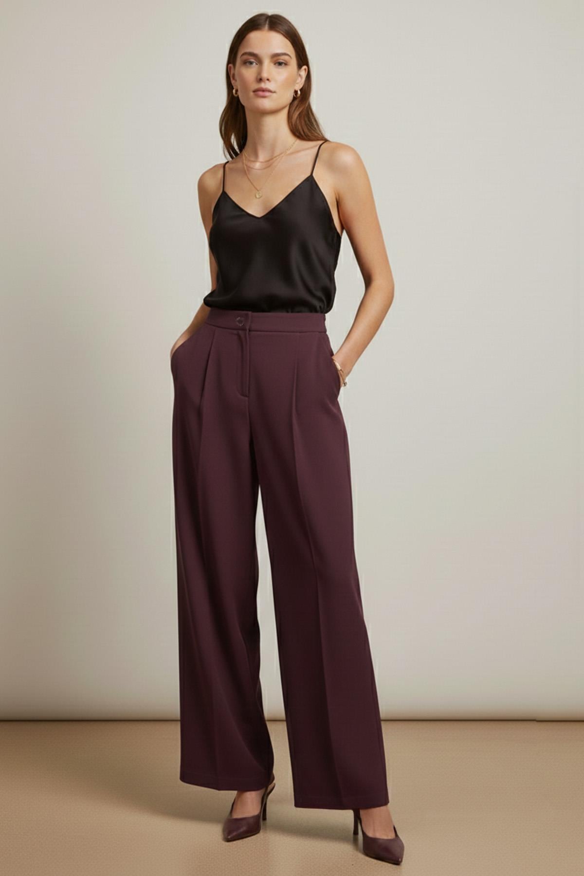 Kadın Yüksek Bel Geniş Paça Kumaş Pantolon -18289PNT - BURGUNDY