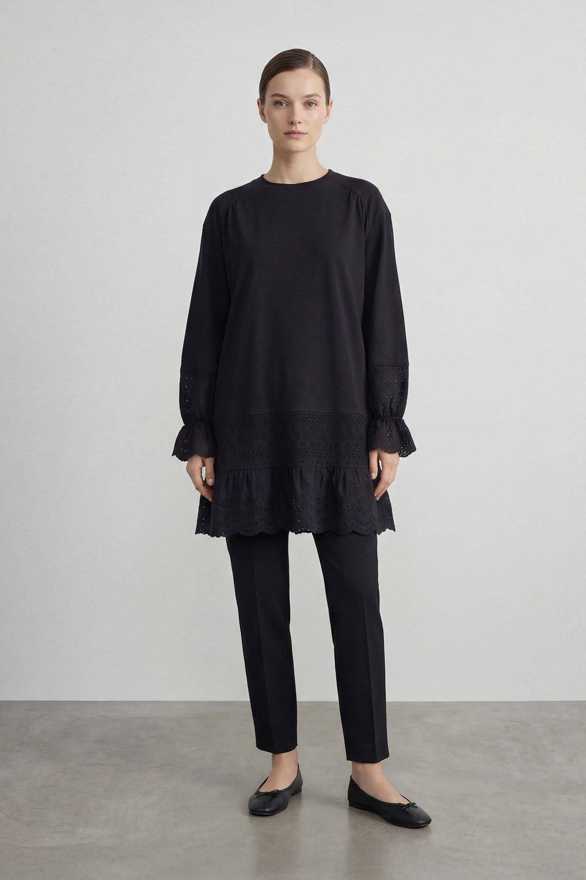 Kadın Fırfır Detaylı Bisiklet Yaka Tunik - 10773TUN - BLACK