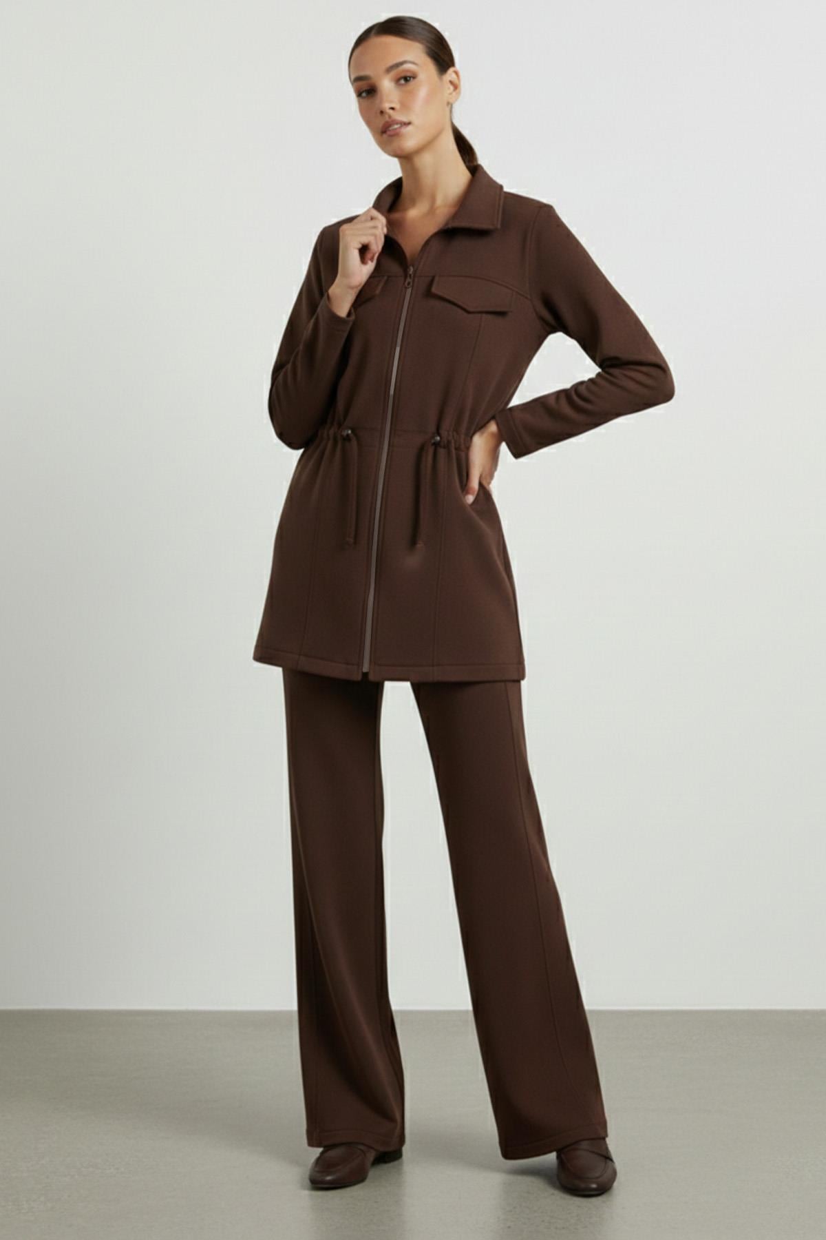 Kadın Fermuar Detaylı Bağcıklı Modal Takım-14433TKS - BROWN