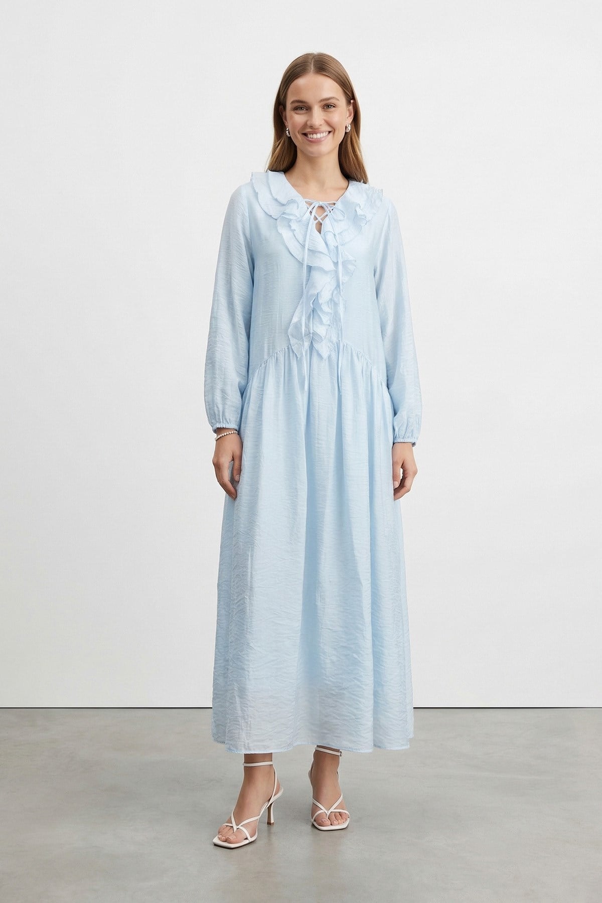 Kadın Yaka Fırfır ve Bağcık Detaylı Fisto Elbise – 32487ELB - BLUE