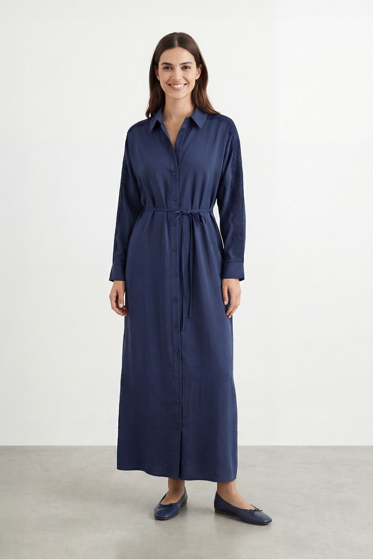 Kadın Gömlek Yaka Dantel Detaylı Uzun Elbise – 12682ELB - NAVY