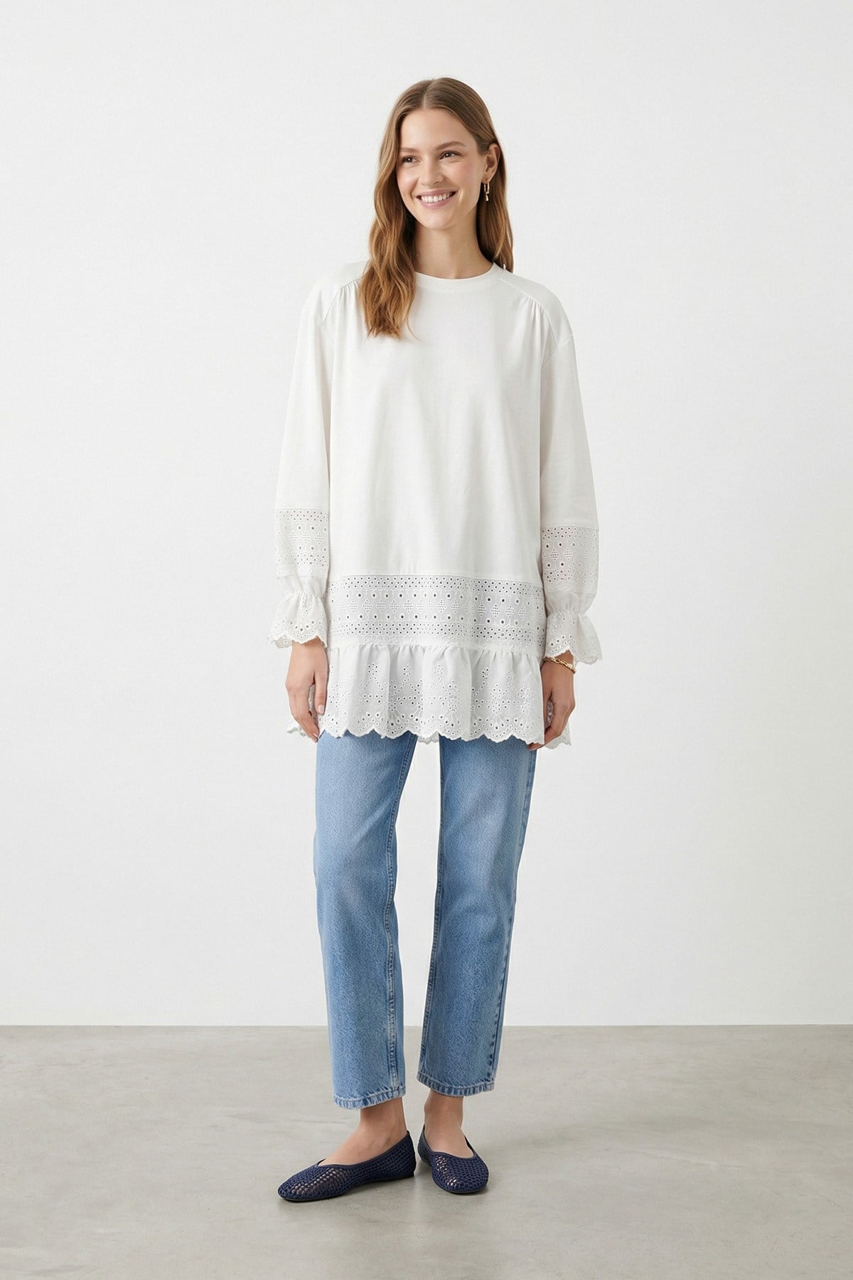 Kadın Fırfır Detaylı Bisiklet Yaka Tunik - 10773TUN - ECRU