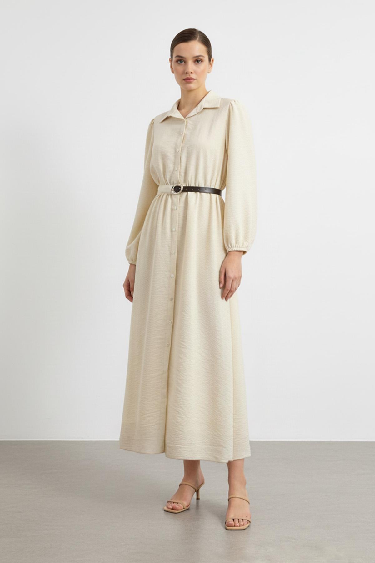Kemer Detaylı Düğmeli Uzun Elbise-32449 - ECRU
