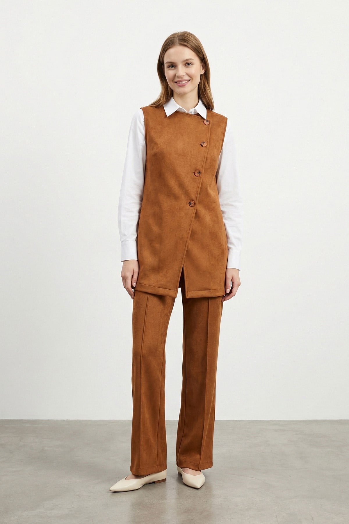 Kadın Asimetrik Detaylı Süet Yelek Takım - 14395TKM - TILE RED