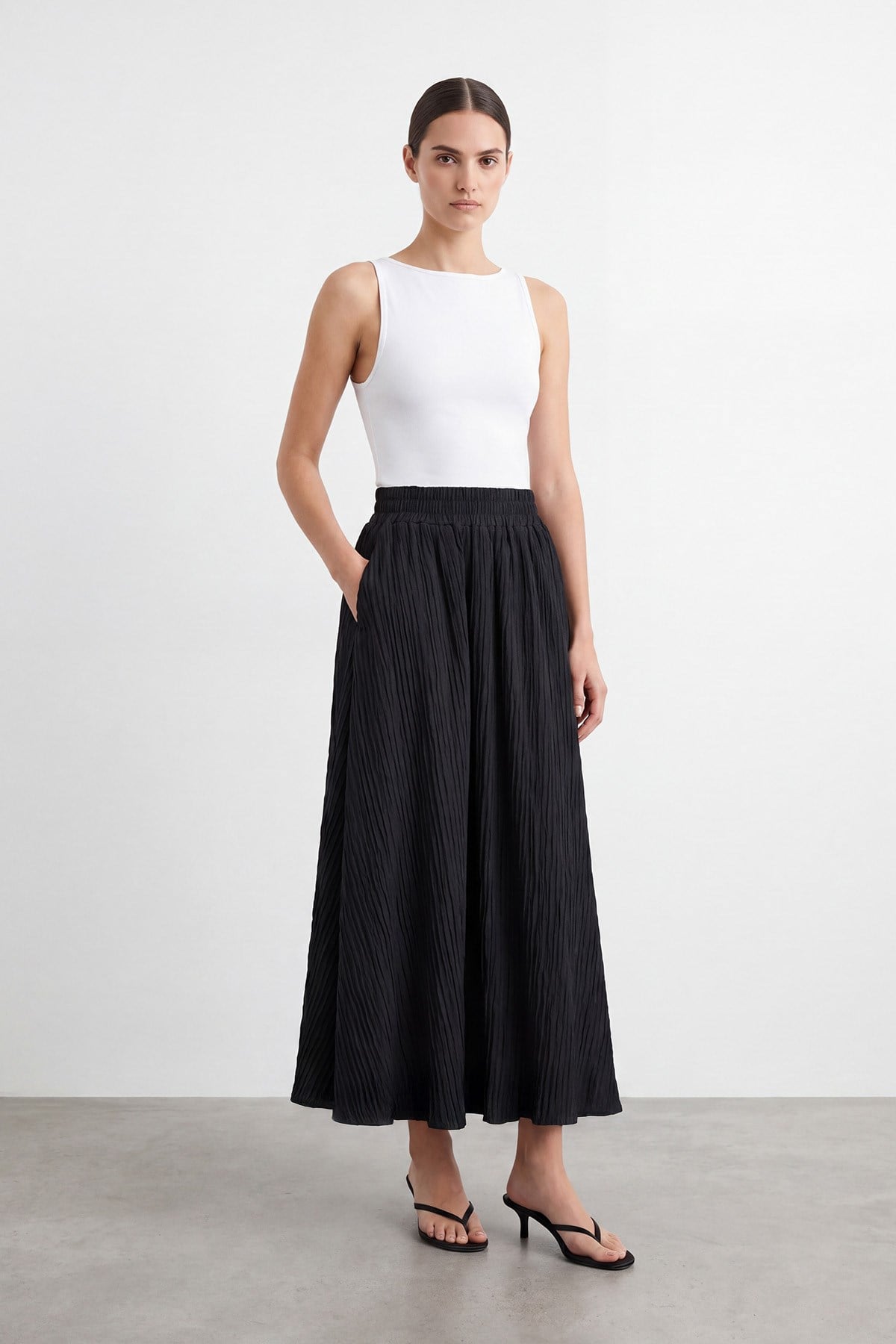 Kadın Cep Detaylı Piliseli  Uzun Etek - 18308ETK - BLACK