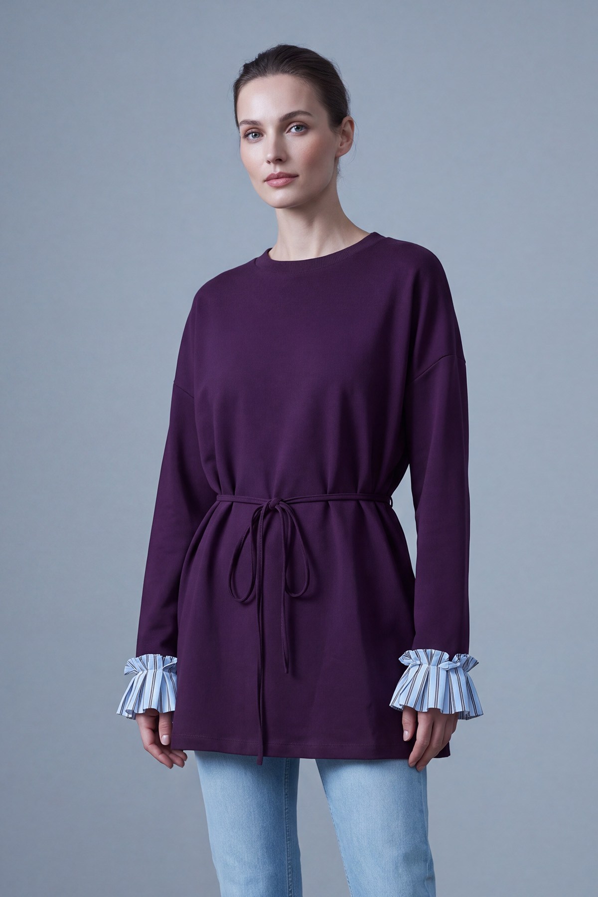 Fırfır Manşetli Kuşaklı Tunik Mor Tunik Soul 