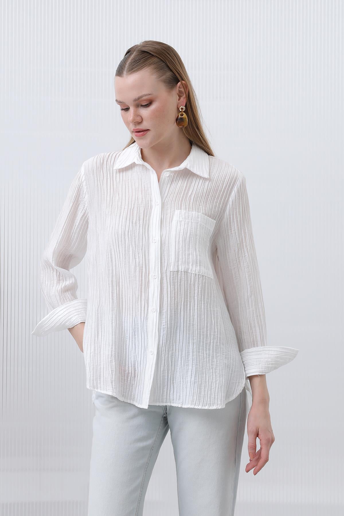 Kadın Basic Cepli Gömlek - 32212GML - ECRU