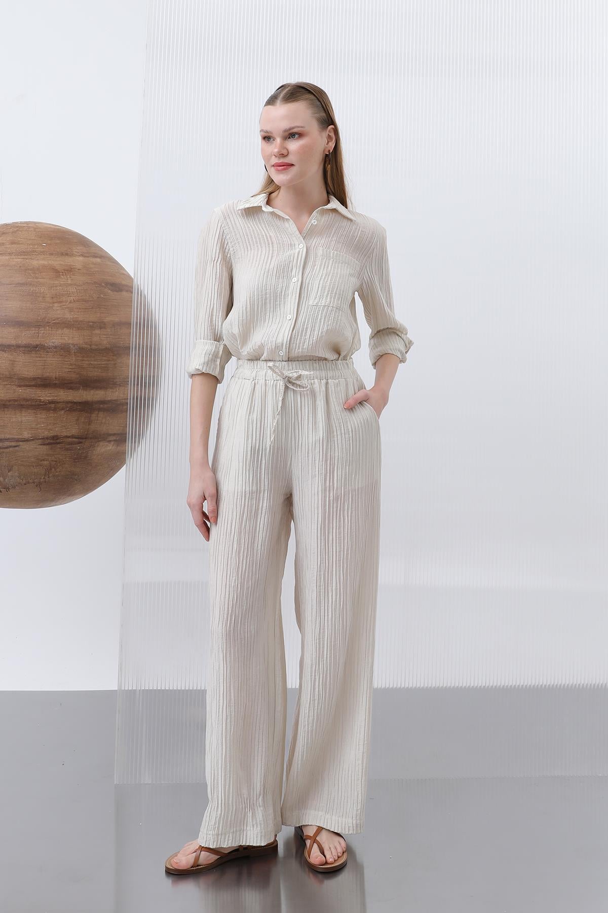 Kadın Basic Cepli Gömlek - 32212GML - STONE