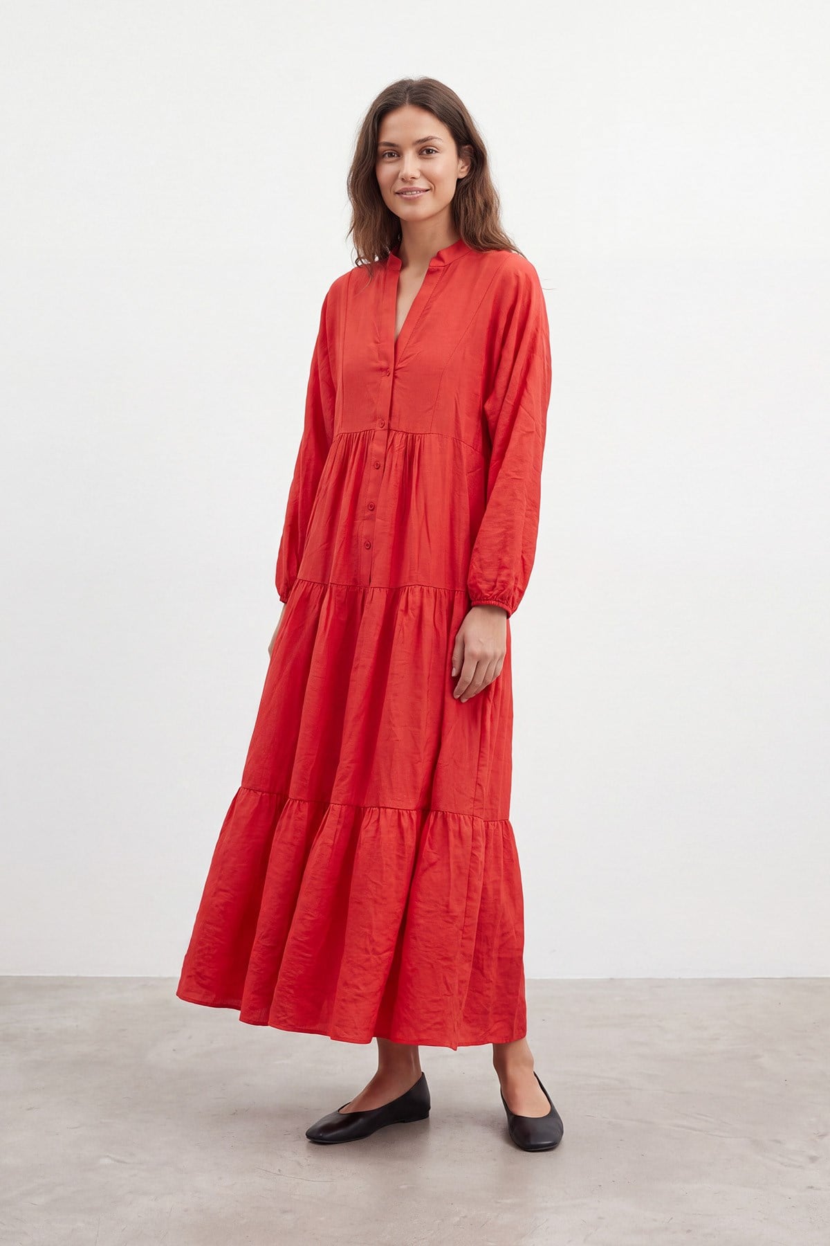 Hakim Yaka Volanlı Uzun Elbise - Mercan Günlük Elbise Soul 