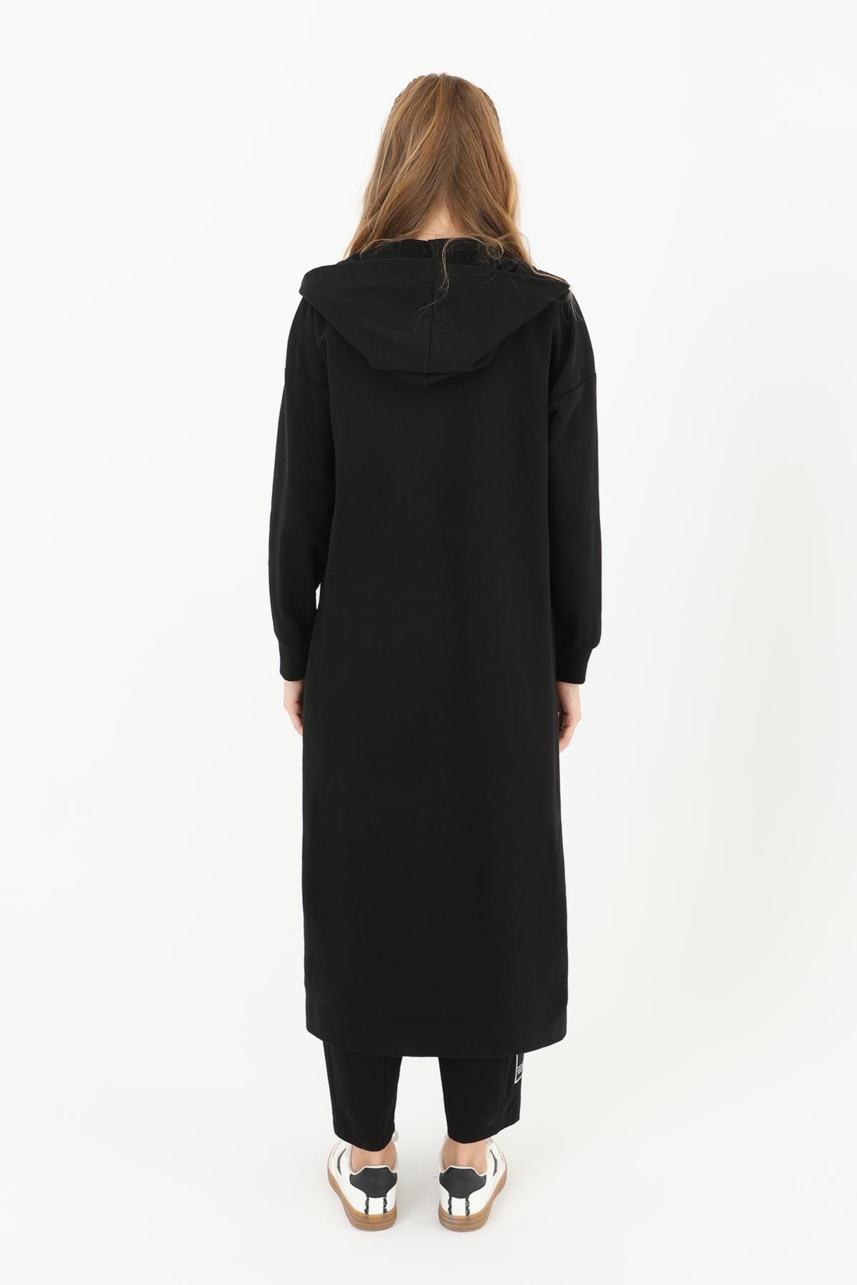 Kadın Kapüşonlu Düğmeli Uzun Hırka - 15179HRK - BLACK - Puanestore.com