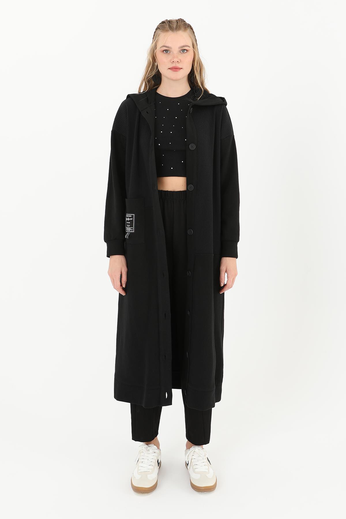 ロンガバーガー Kadın Kapüşonlu Düğmeli Uzun Hırka - 15179HRK - BLACK - Puanestore.com