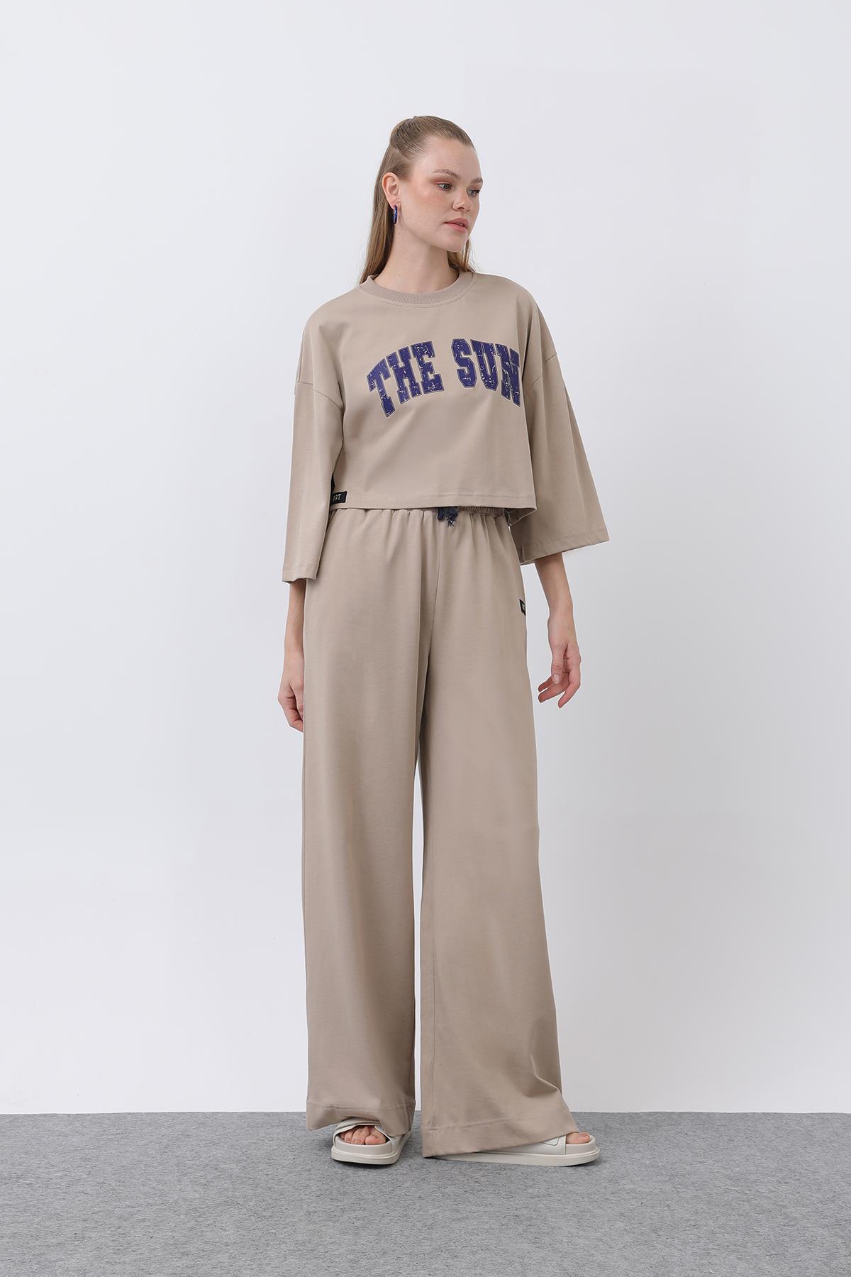 Kadın Önü Baskılı İkili Pantolonlu Takım - 32226TKS - BEIGE