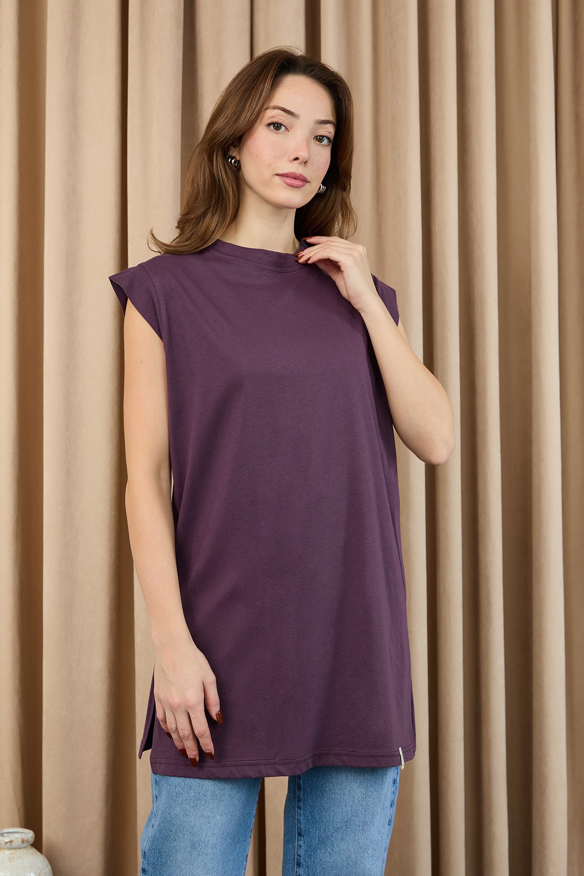 Kadın Basic Kolsuz T-shirt  - 30725TUN - Mürdüm Tunik Soul 