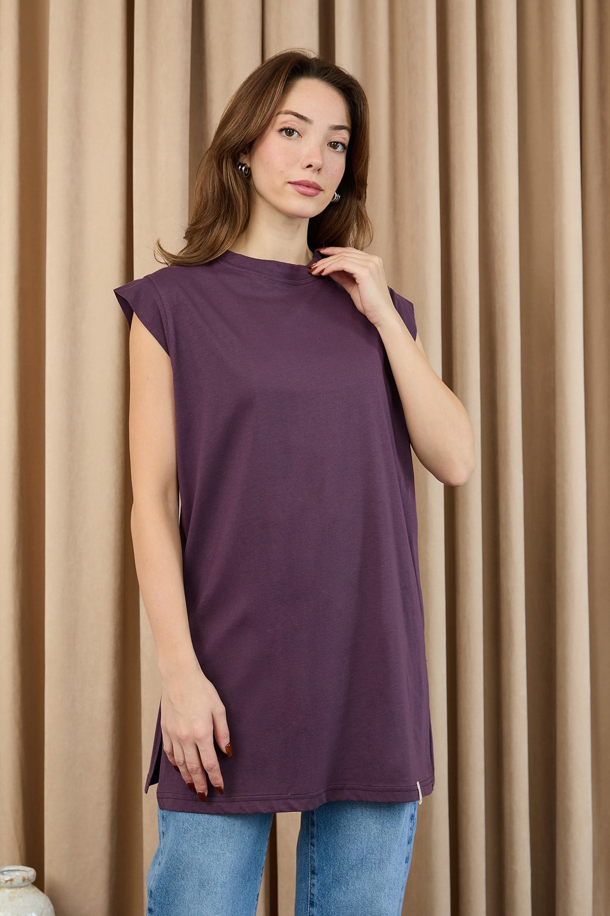 Kadın Basic Kolsuz T-shirt  - 30725TUN Mürdüm Tunik Soul 