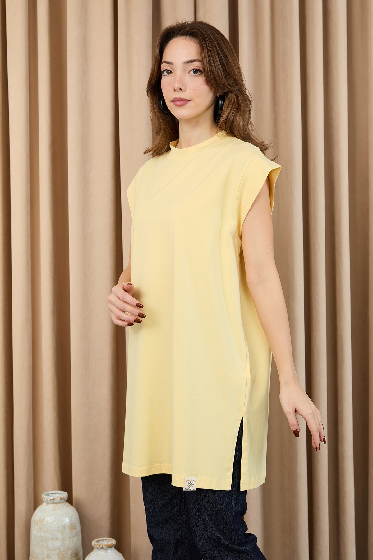 Kadın Basic Kolsuz T-shirt  - 30725TUN Sarı Tunik Soul 