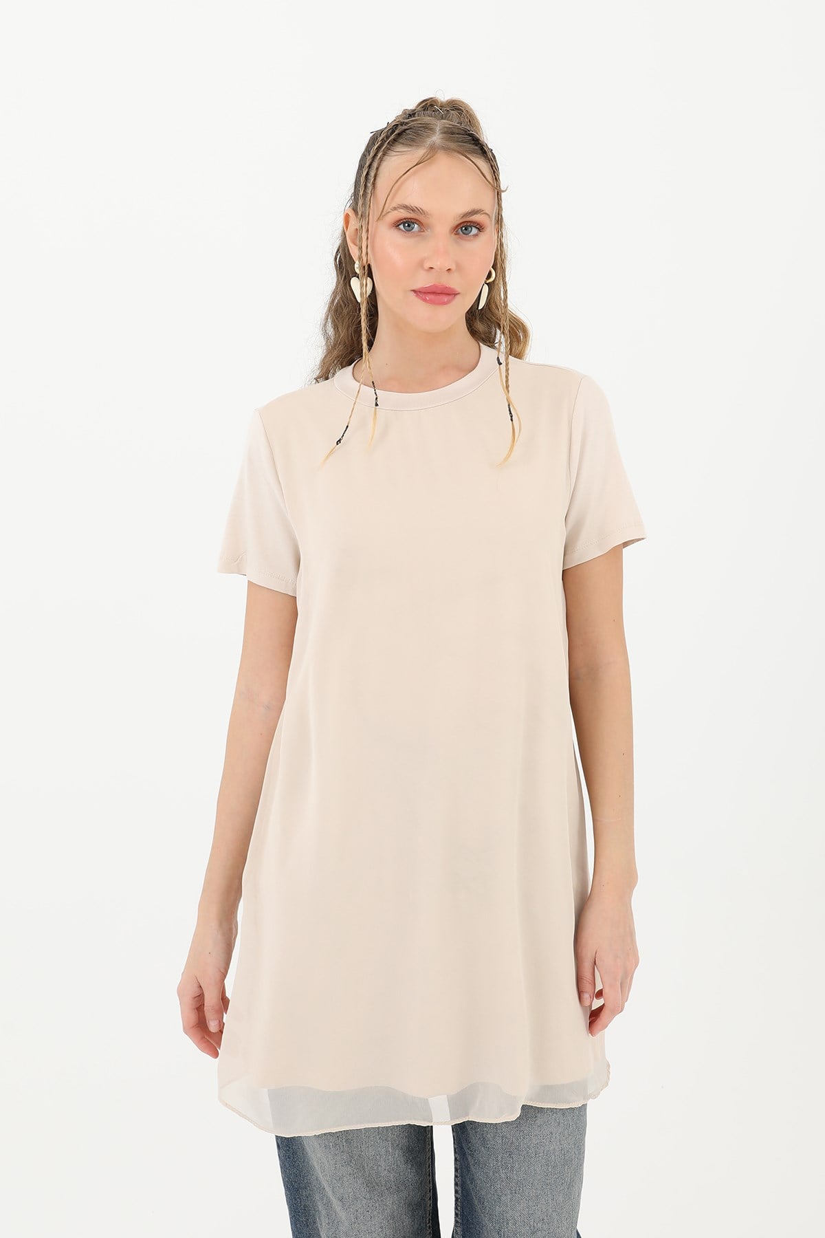 Kadın Basic Uzun T-Shirt -10271TUN Bej Tunik Puane 