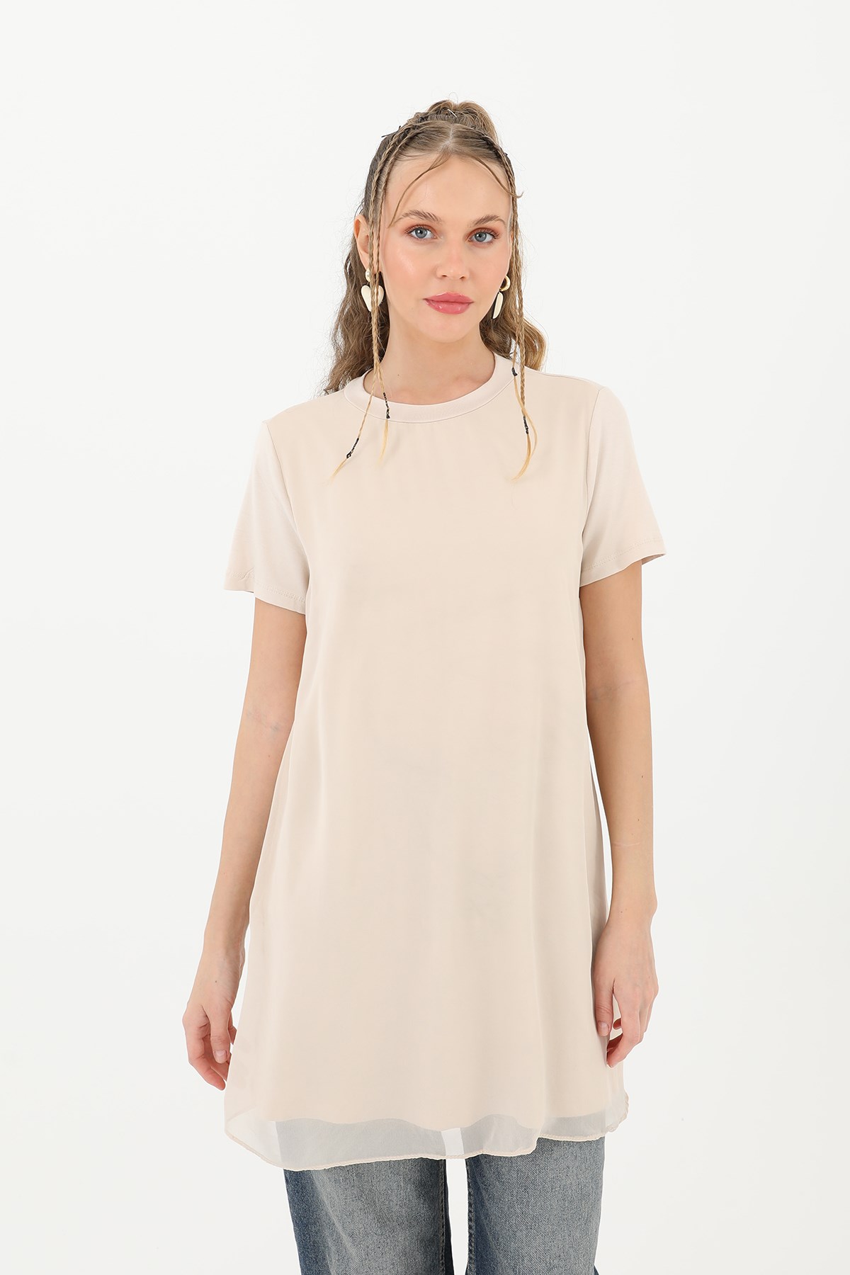 Kadın Basic Uzun T-Shirt -10271TUN - Bej Tunik Puane 