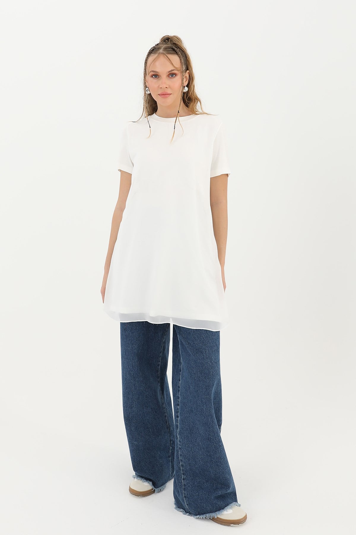 Kadın Basic Uzun T-Shirt -10271TUN Ekru Tunik Puane 