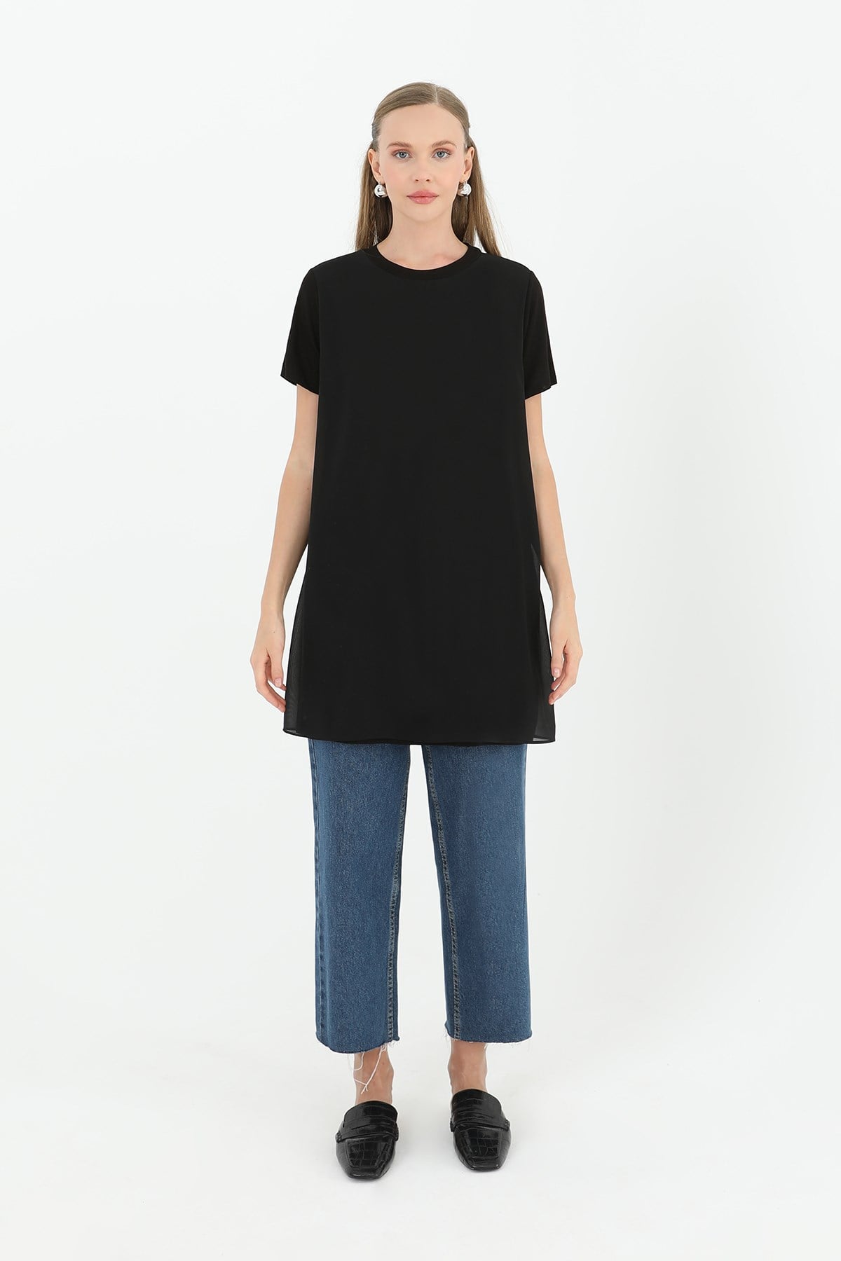 Kadın Basic Uzun T-Shirt -10271TUN Siyah Tunik Puane 