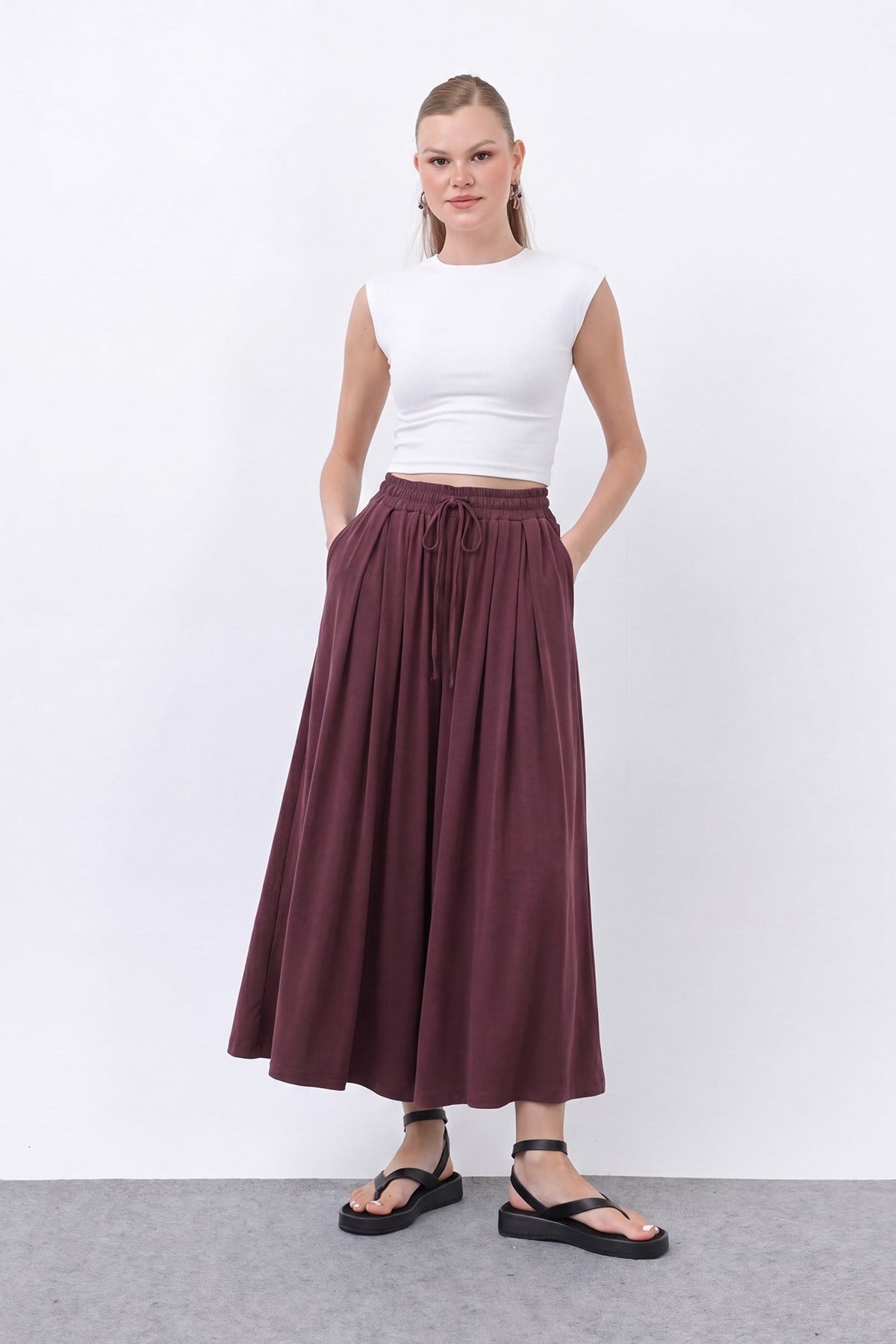Kadın Beli Kuşaklı Etek Görünümlü Pantolon - 20664PNT - Bordo Pantolon Loreen 