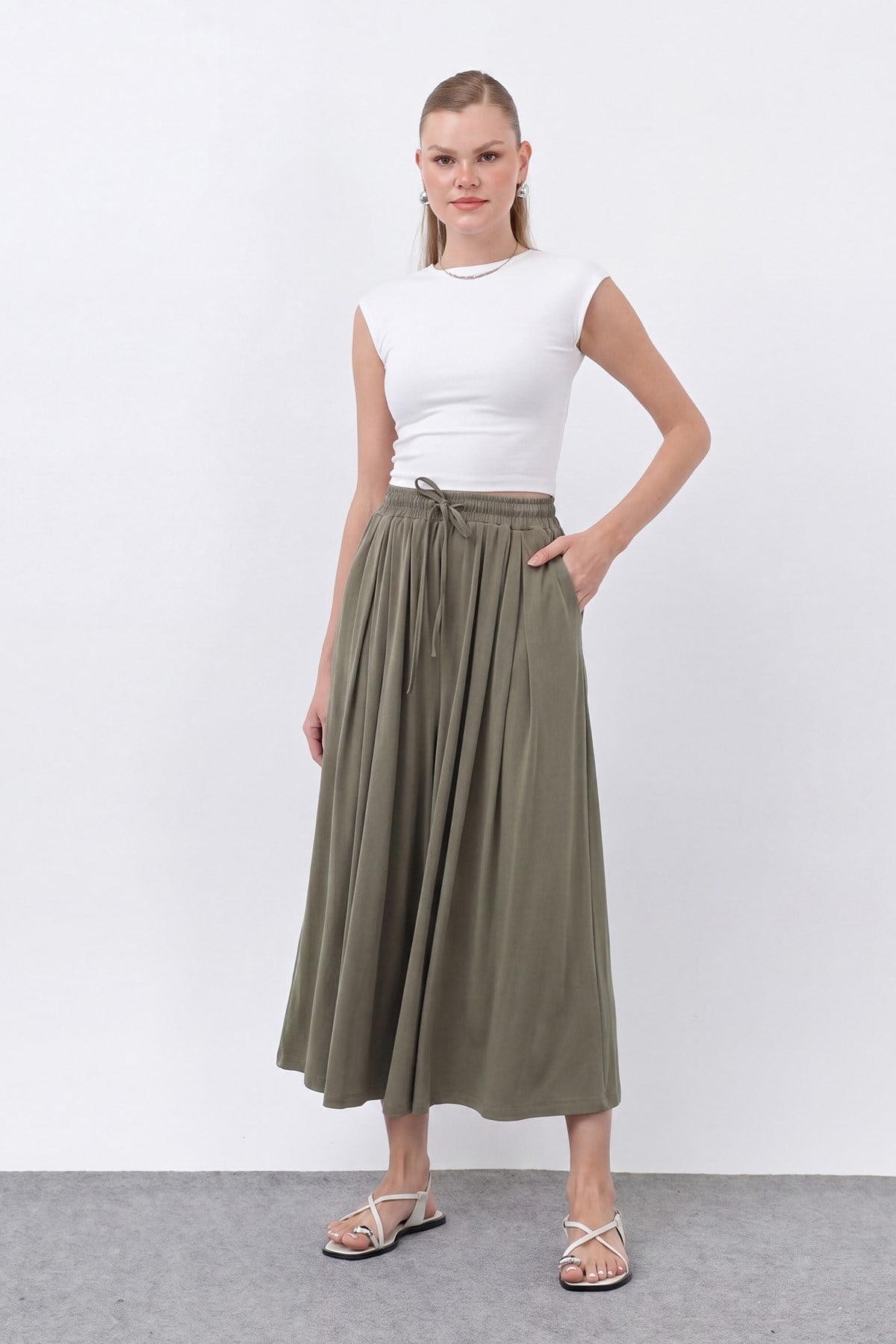 Kadın Beli Kuşaklı Etek Görünümlü Pantolon - 20664PNT - Haki Pantolon Loreen 