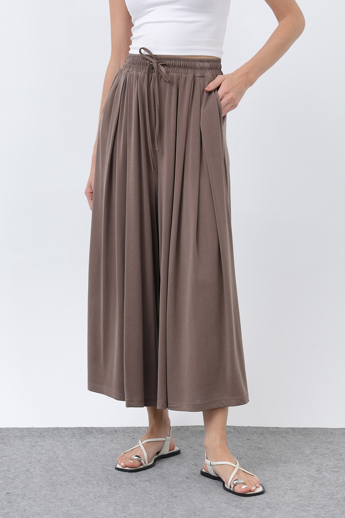 Kadın Beli Kuşaklı Etek Görünümlü Pantolon - 20664PNT - Kahverengi Pantolon Loreen 