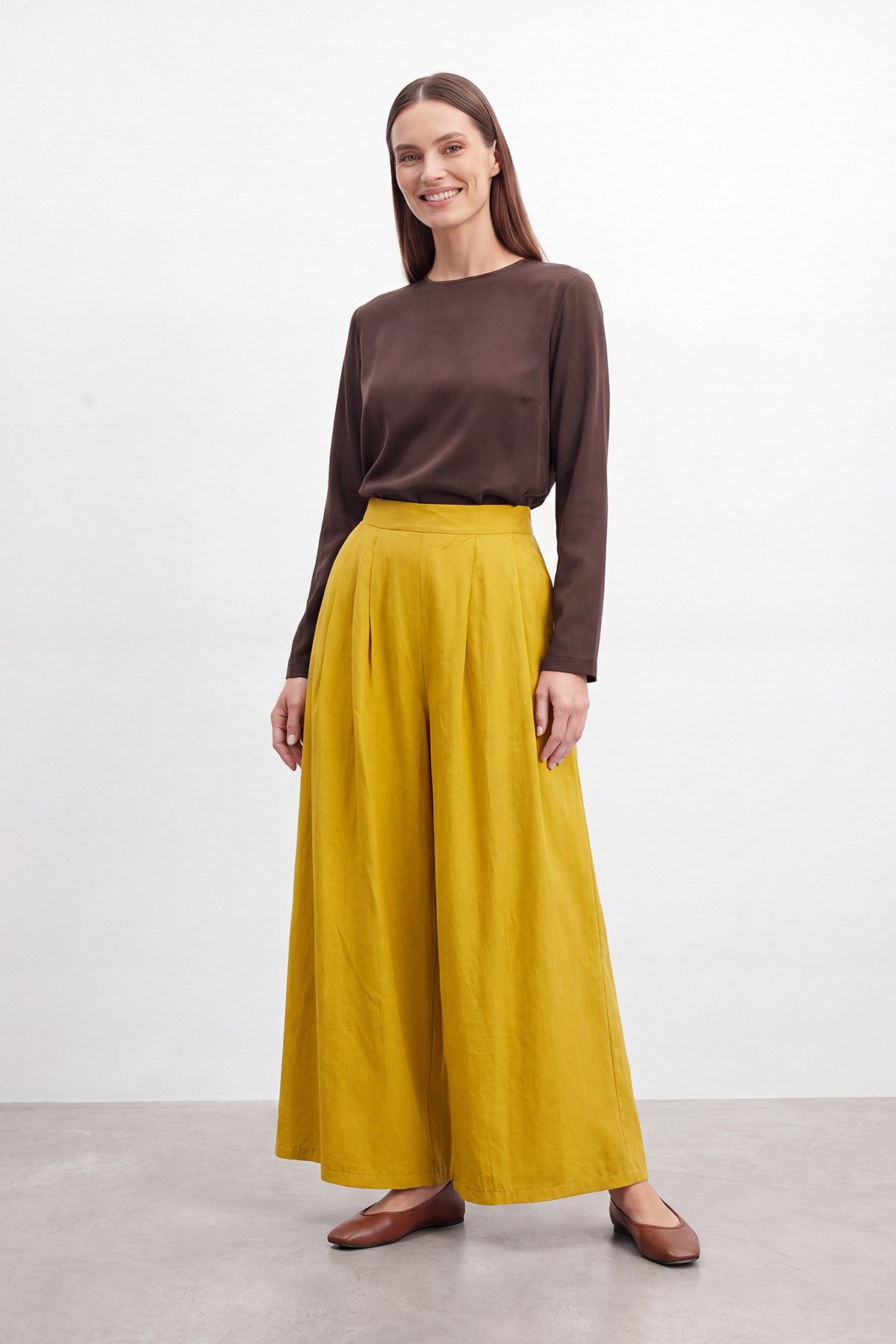 Kadın Beli Lastikli Geniş Paça Dokuma Pantolon – 18310PNT - Hardal Pantolon Puane 