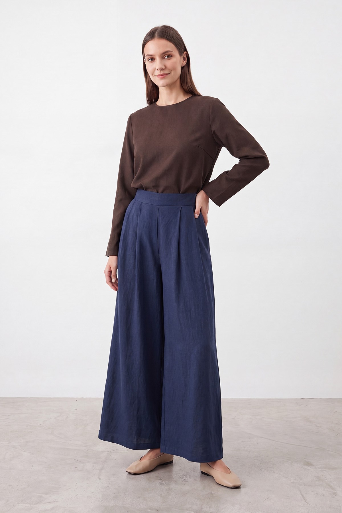 Kadın Beli Lastikli Geniş Paça Dokuma Pantolon – 18310PNT - Lacivert Pantolon Puane 