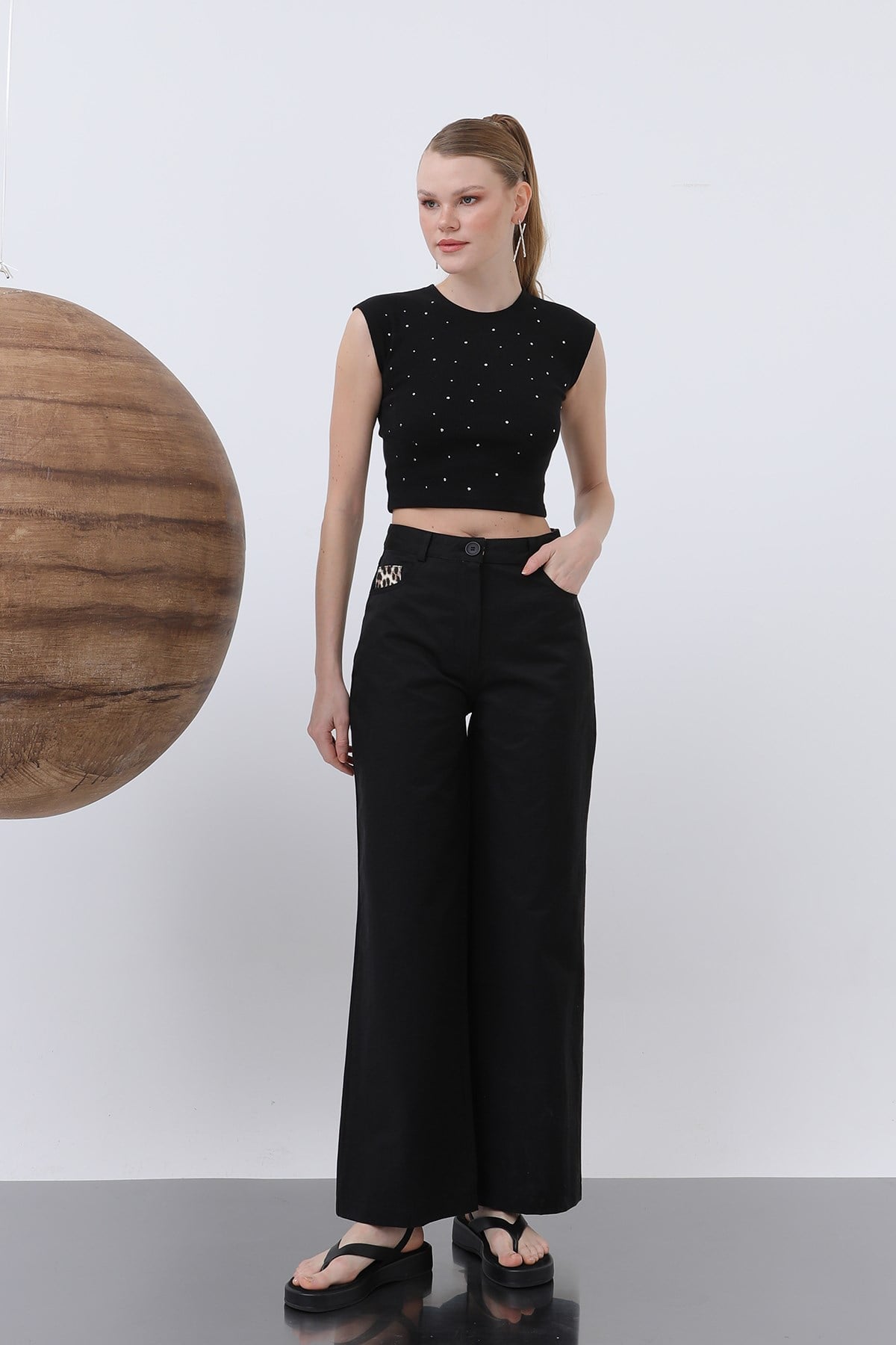 Kadın Cep Detaylı  Bol Pantolon - 32116PNT Siyah Pantolon Soul 