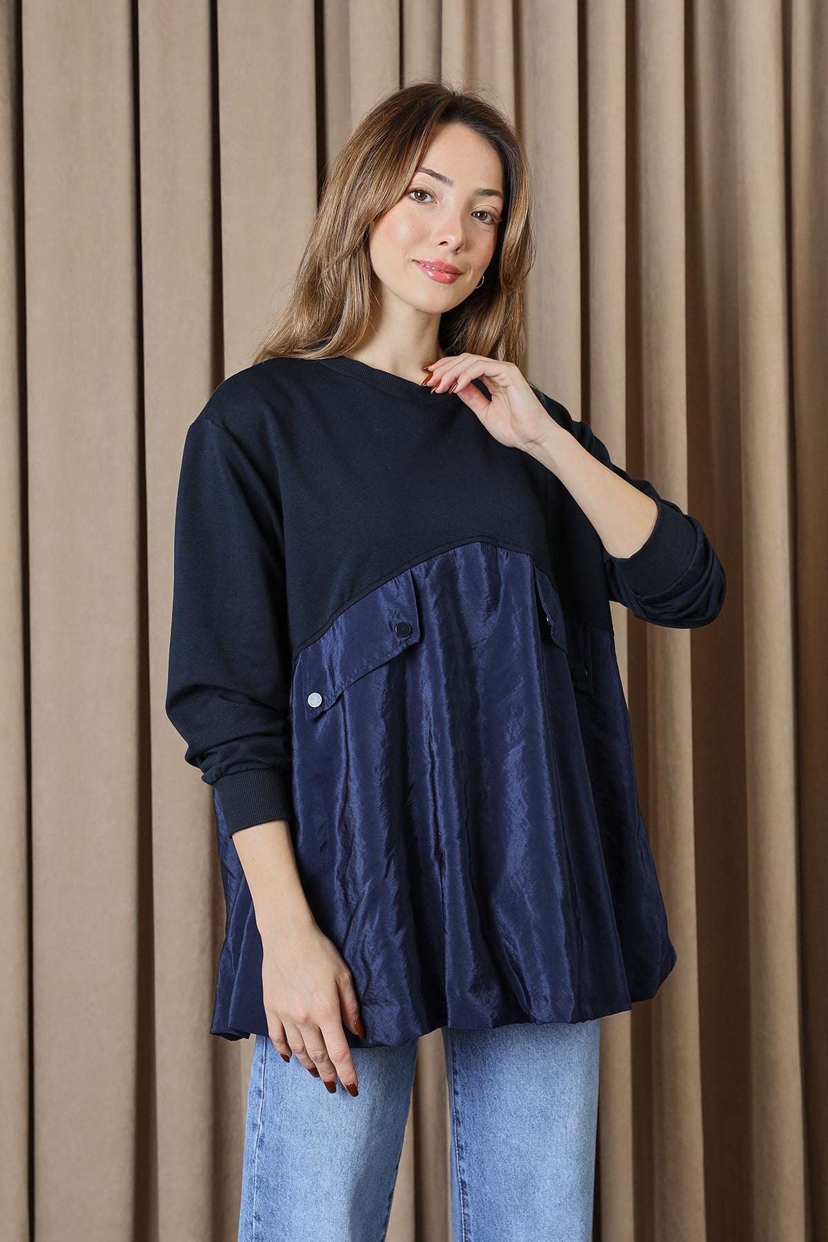 Kadın Cep Kapağı Detaylı Oversize Tunik - 20714TUN Lacivert Tunik Loreen 