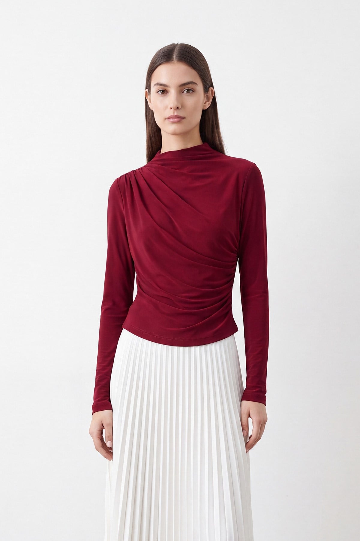 Kadın Drapeli Bluz - 20639 - Bordo Bluz Loreen 